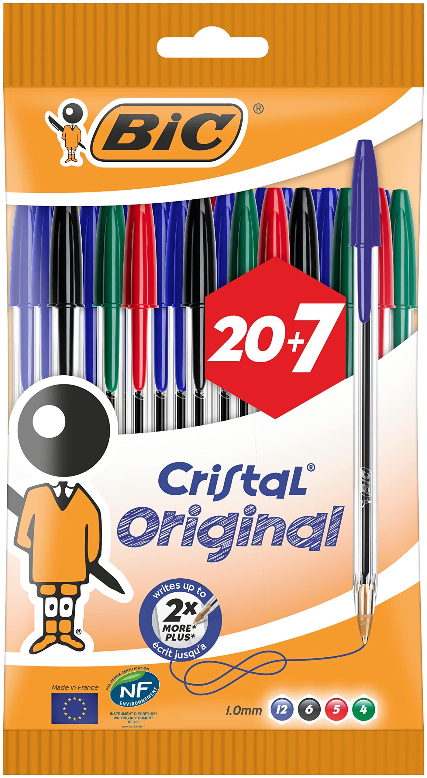 BIC Cristal Original Ballpoint Pens Medium Point (1.0 mm) – Assorted Colours, Pouch of 20+7
