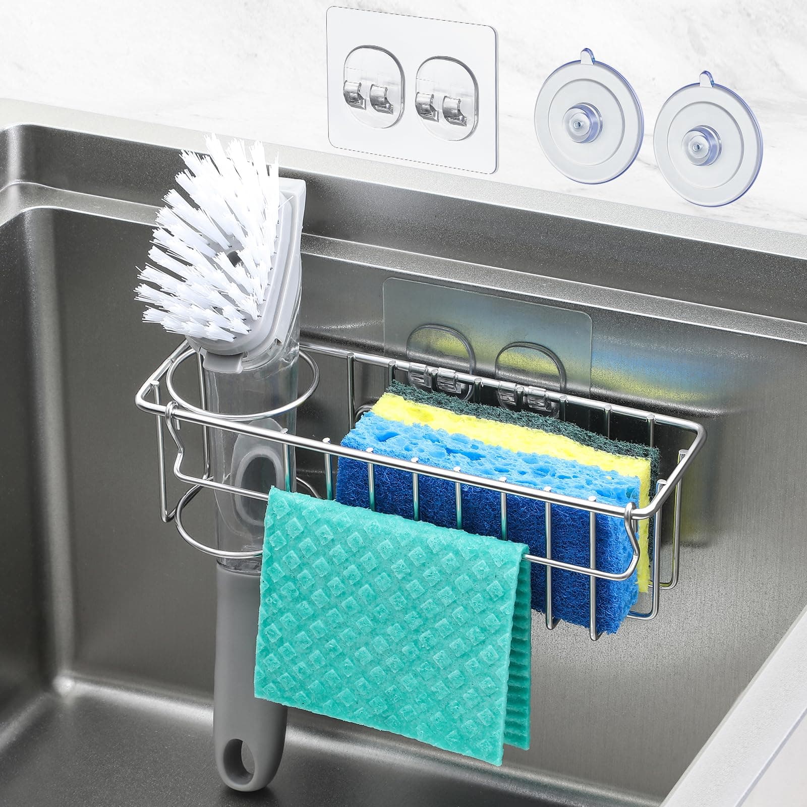 3-in-1 Sponge Holder for Kitchen Sink with Suction Cups & Adhesive Hook, in-Sink Sponge Holder, Wall Hanging Sink Caddy Organizer Rack - Sponge, Dish Cloth, Brush, Scrubber - 304 Stainless Steel