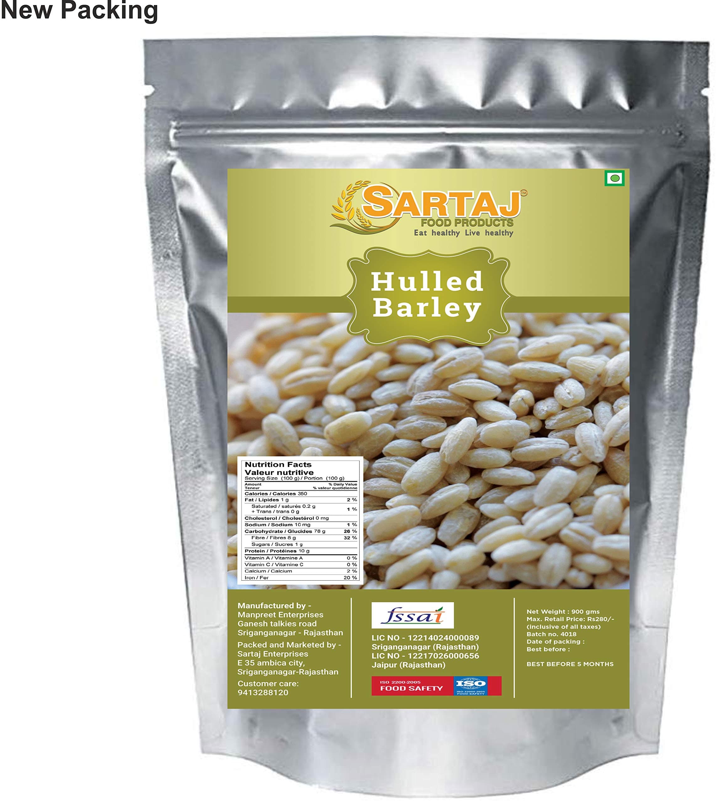 Sartaj Hulled Barley (Low GI Barley), Whole Grain - purest Form of Barley ( Better Than Pearl Barley) 900gms