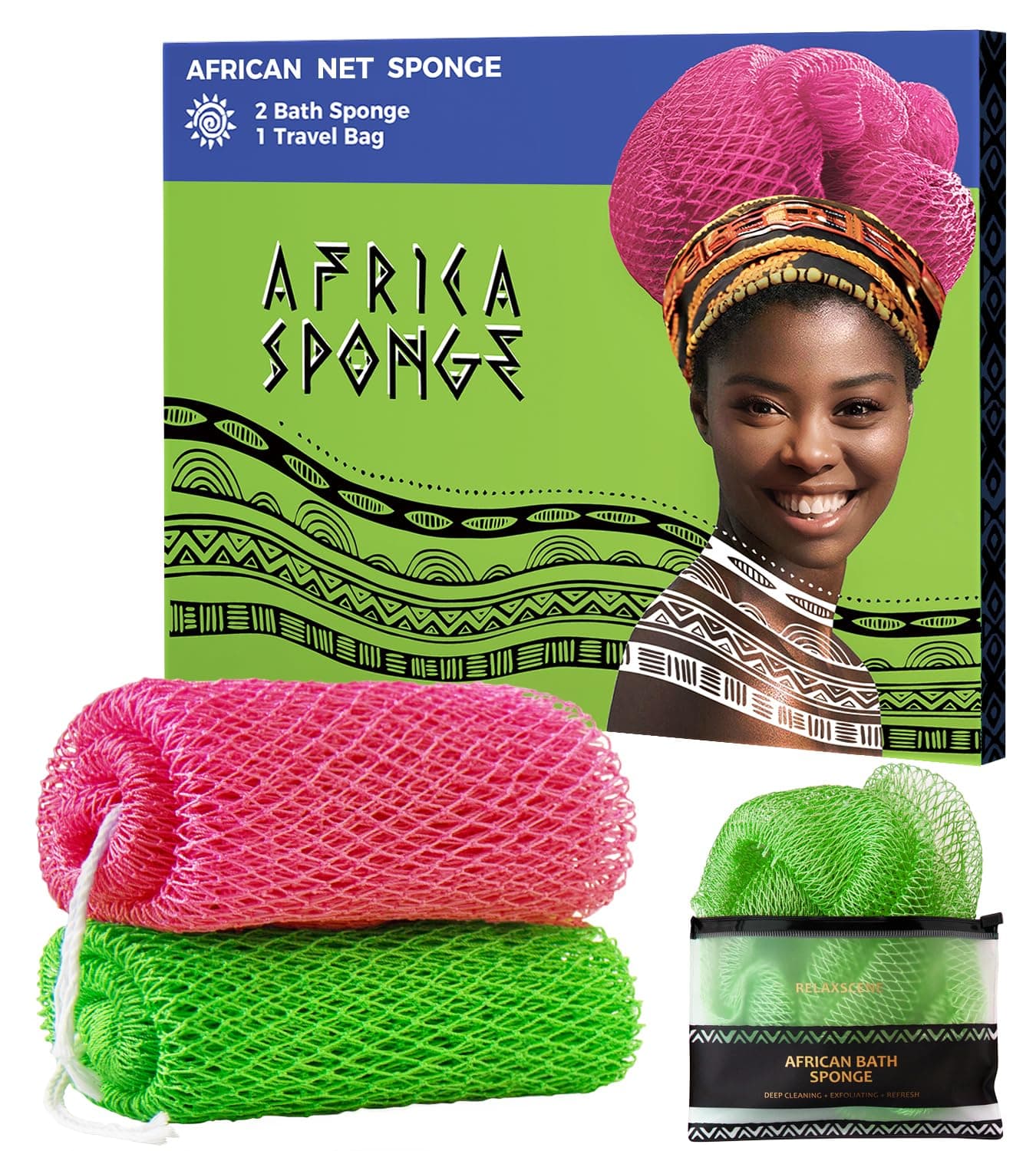 African Net Sponge Authentic - 2 Pieces Exfoliating Body Scrubber Bath Sponge Camellia&Green- Back Scrubber Washcloth for Shower - Real African Scrub Exfoliator Body Care Bathing Accessorie