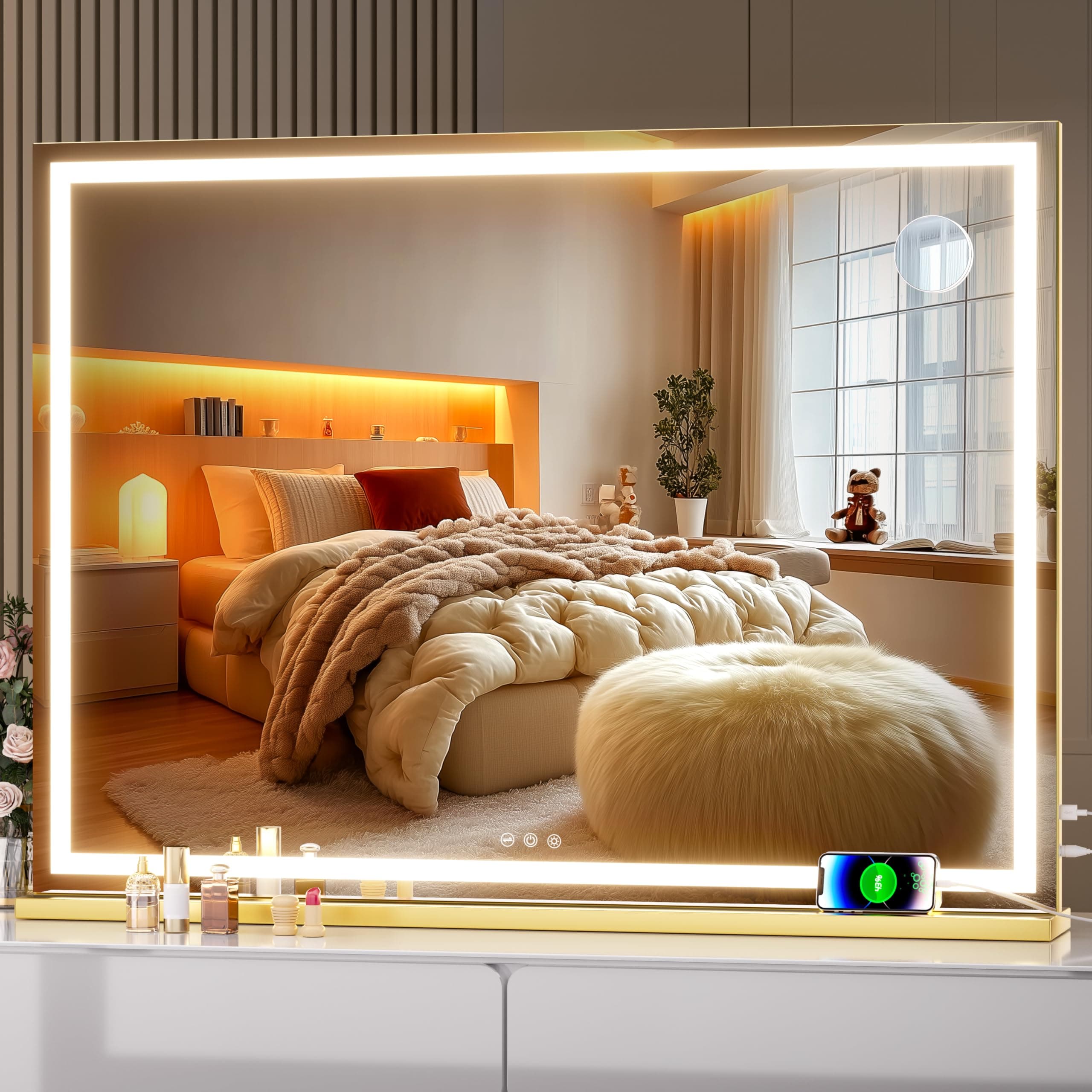 – Hasipu Vanity Mirror with Lights, 100 x 75cm LED Makeup Mirror, Lighted Make up Mirrors with Touch Screen Control, 3 Dimmable Modes Square Gold