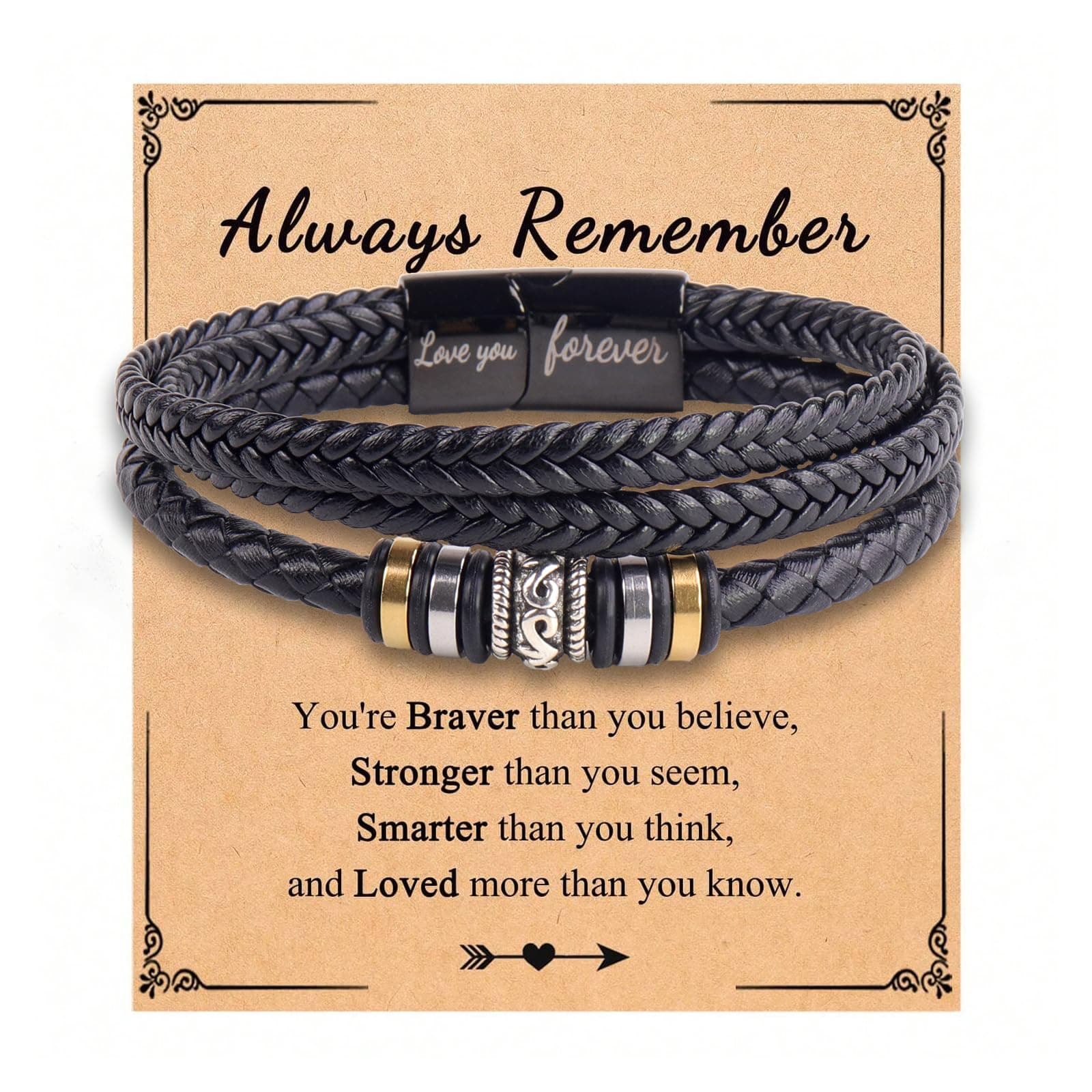 To My Son Man Boyfriend Husband Dear Dad Always Remember Bracelet, Trendy Simple Black Three Layered Stacked Braided Leather Bracelet Holiday Jewelry Gifts