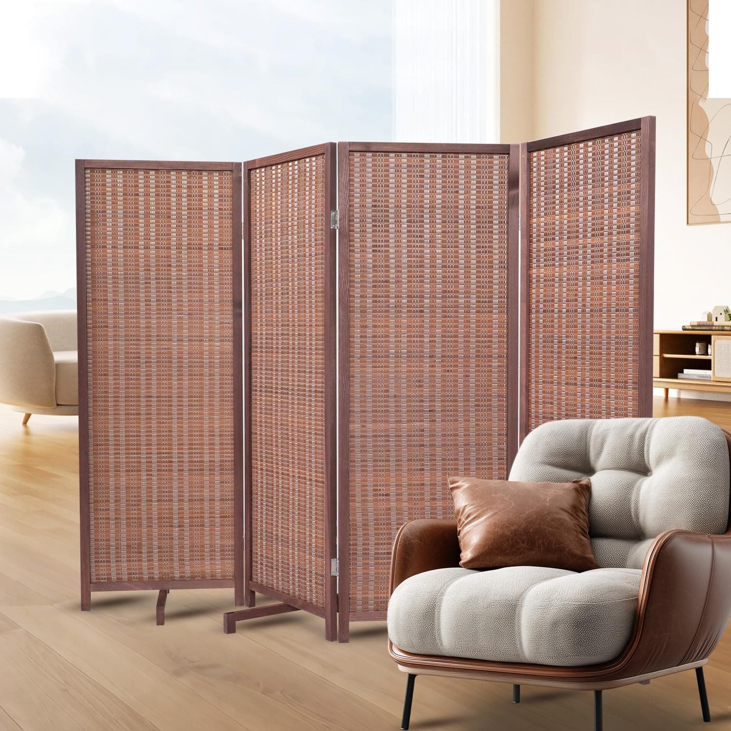 Short Bamboo Room Divider Panel with 360°Rotating Feet,4 Panel 47" H Folding Privacy Screen for Room Separator, Handcrafted Room Partition,Portable Wall Divider,Brown, 47.24" H x 63" W