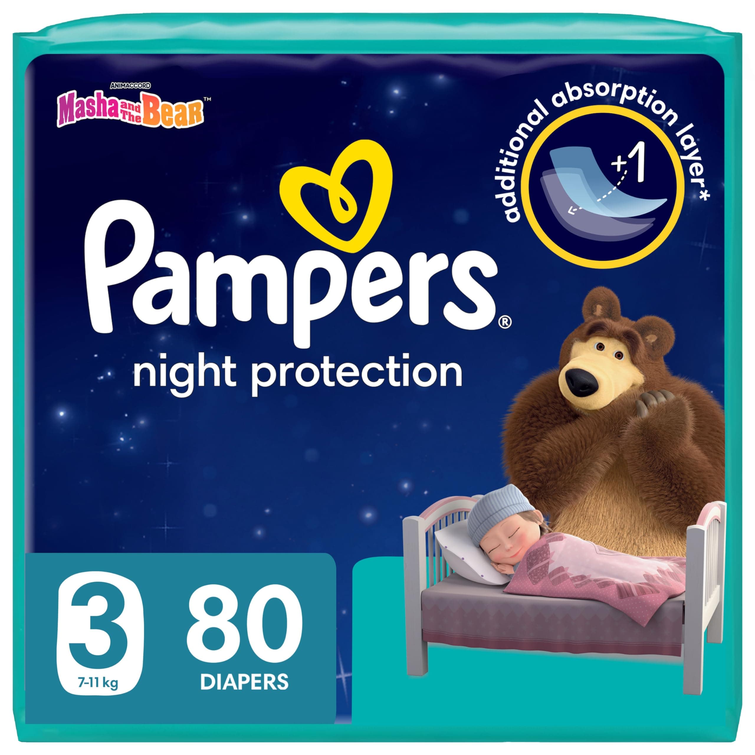 Pampers Baby-Dry Night Diapers Additional Absorption Layer for Overnight Leakage Protection, Size 3, 7-11Kg, 80 Diaper Count