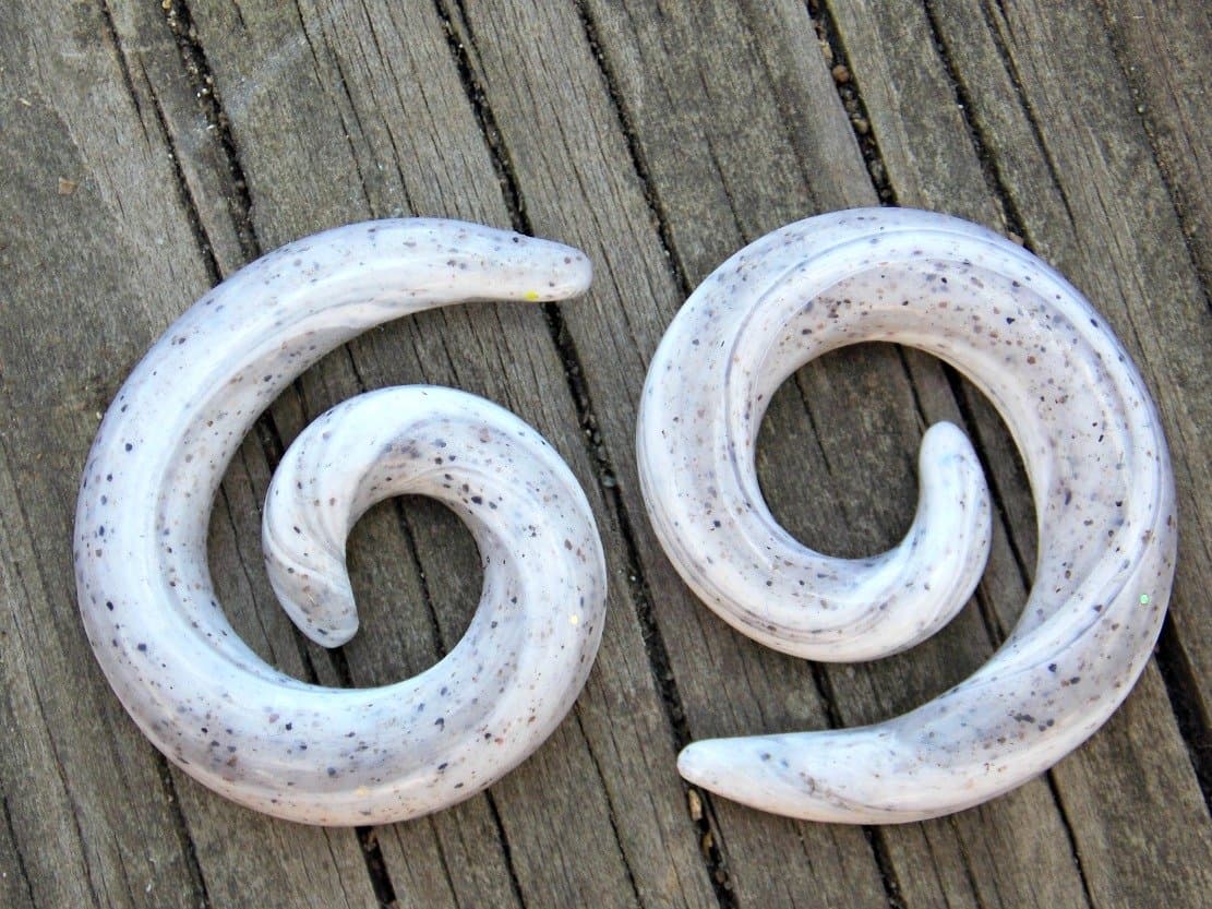 Spiral Ear Gauges, White Granite Dangle Plugs, Polymer Clay Stone Tapers, Spiral Talon Plugs, 4G (5mm) - 5/8" (16mm)