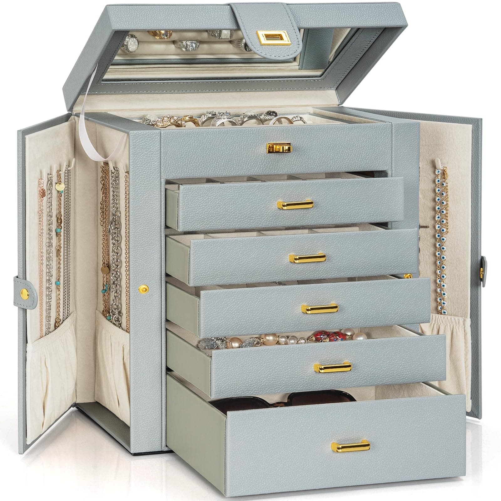 AKOZLIN Extra Large 6-Tier Jewelry Box Organizer Functional Huge, 5 Drawers Leather Jewelry Storage Case for Women Girls Ring Necklace Earring Bracelet Holder Organizer with Mirror Grey