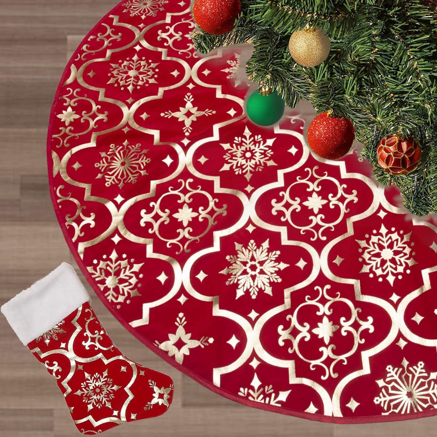 Christmas Tree Skirt 48/36 Inches Snowy Pattern Xmas Tree Skirts Large Christmas Tree Mat Holiday Decorations Indoor Outdoor