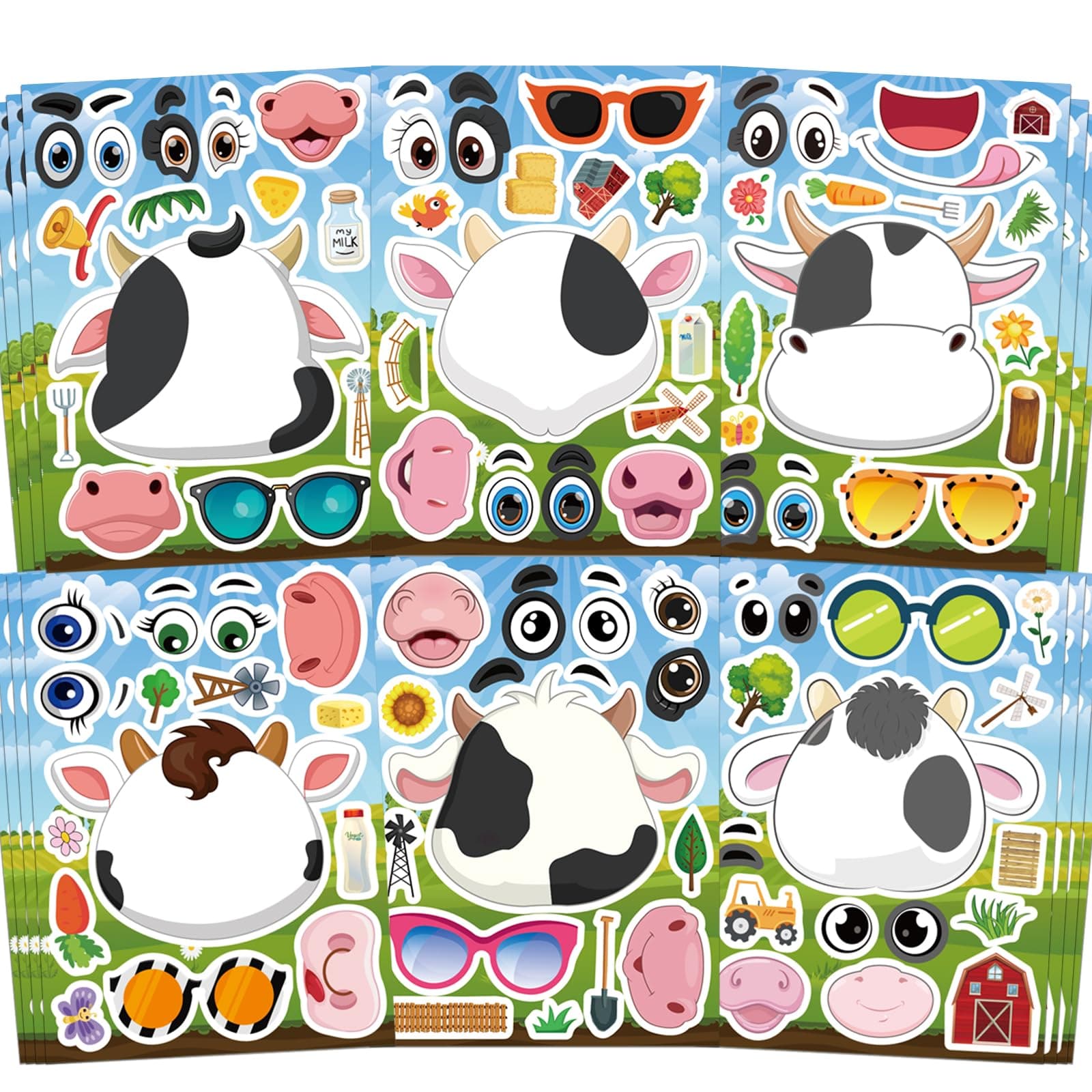 Ozepao Cow Stickers 24 Pcs Make-A-Face Mix and Match Sticker Sheets for Kids Cute Cow Party Favors and Crafts