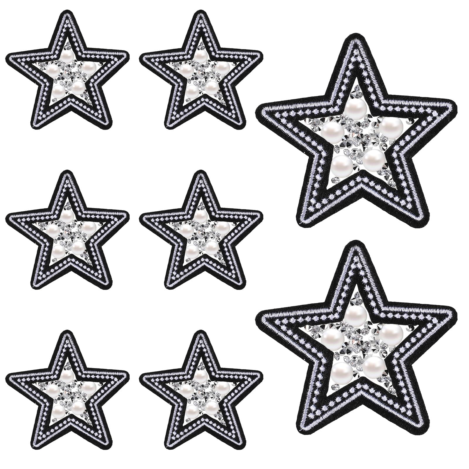 Trinkrittey8 Pcs Bling Crystal Emblem Embroidered Patch, Iron-on Rhinestone Star Patches Twinkling Pearl Stars Iron On Patch for Clothes Jacket Jeans Backpacks
