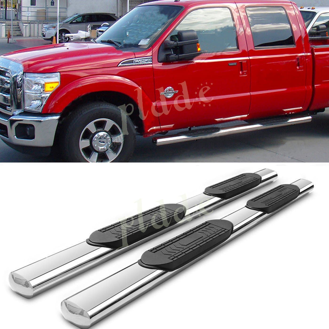 PLDDE 2pcs 5" Oval Tube Chrome Stainless Steel Side Step Nerf Bars Running Boards + Brackets + Installation Instruction Fit 99-16 F250/F350/F450/F550 Super Duty Crew Cab With 4 Full Size Doors