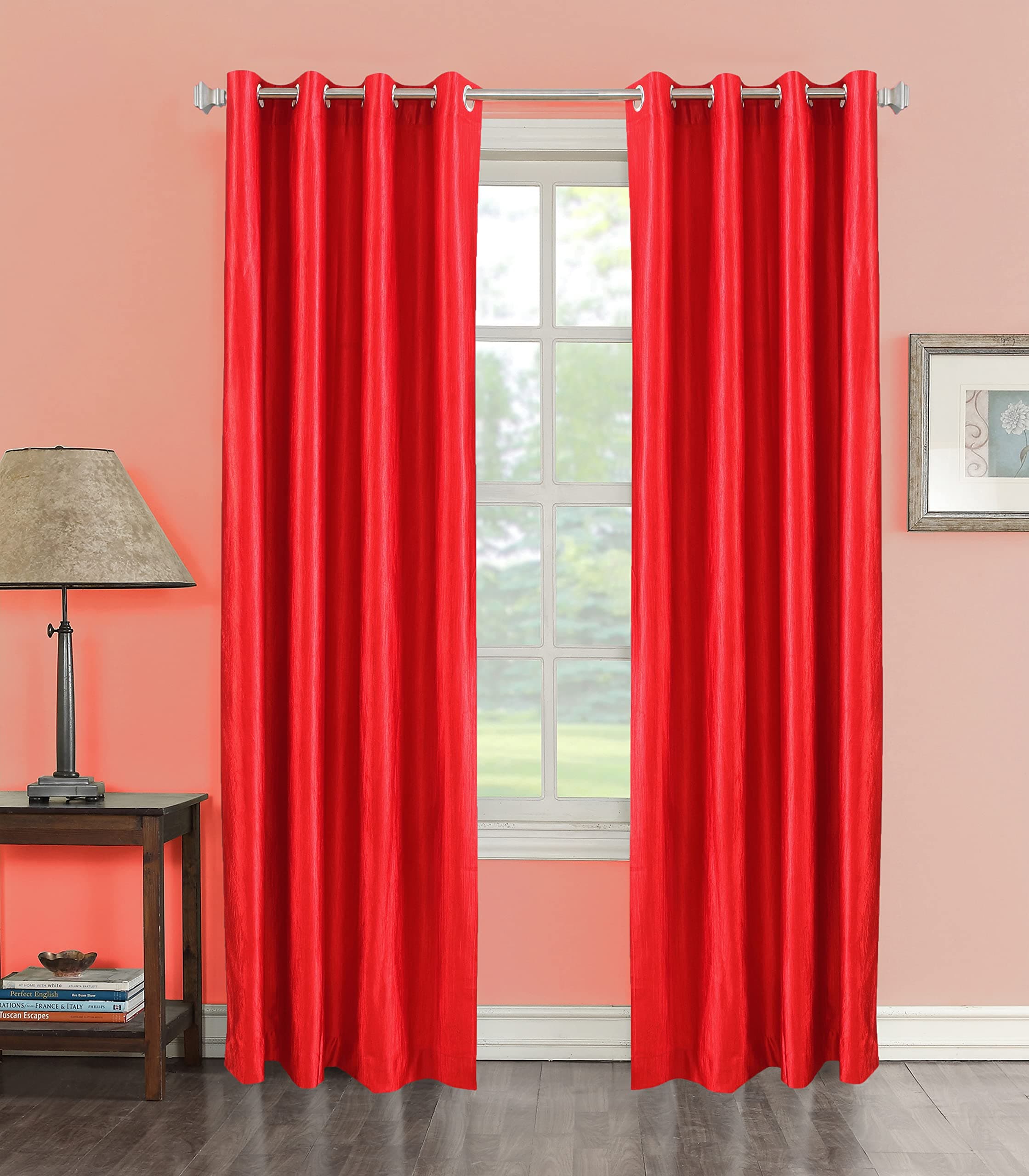 Red Polyester Door Curtains 7 Feet | Darkening Faux Texture Plain Drapes with Eyelets | Set of 2 Panels for Living Room, Bedroom & Office
