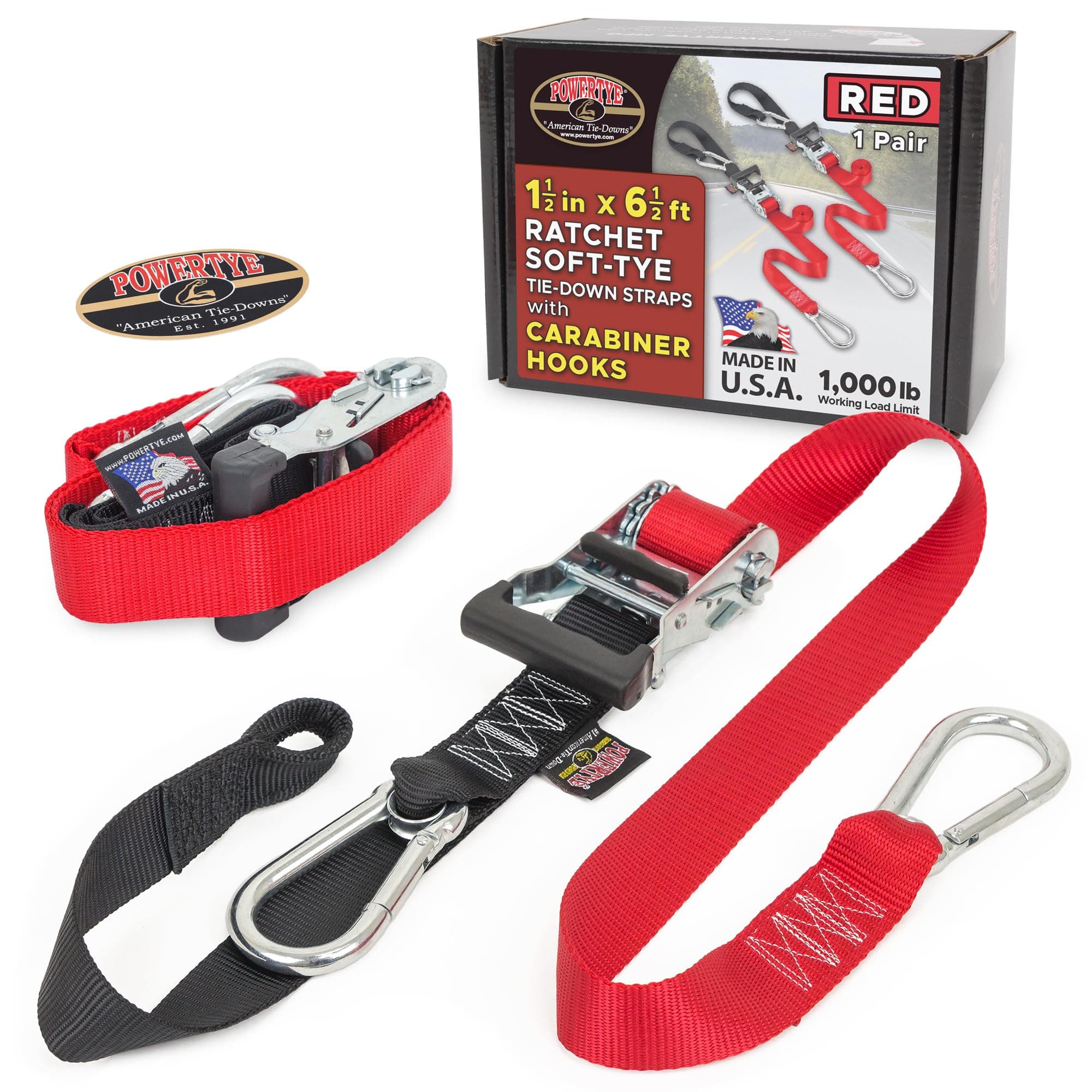 1.5in Carabiner Ratchet Straps with Soft-Tye