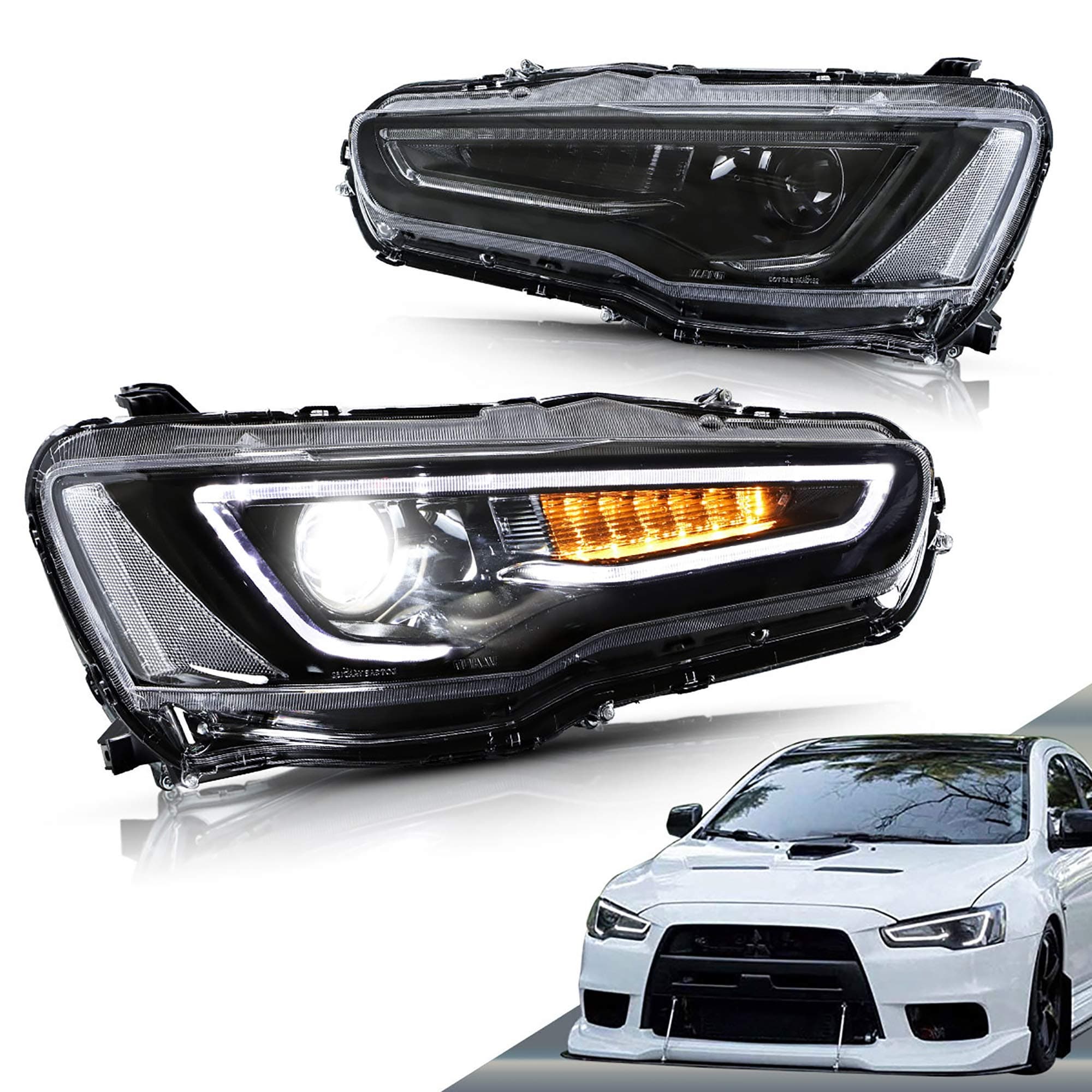 VLAND Led Headlights Compatible with Mitsubishi Lancer& EVO X 2008-2020 Projector Front lamp Assembly w/Smoke Lens w/Sequential w/Black Housing