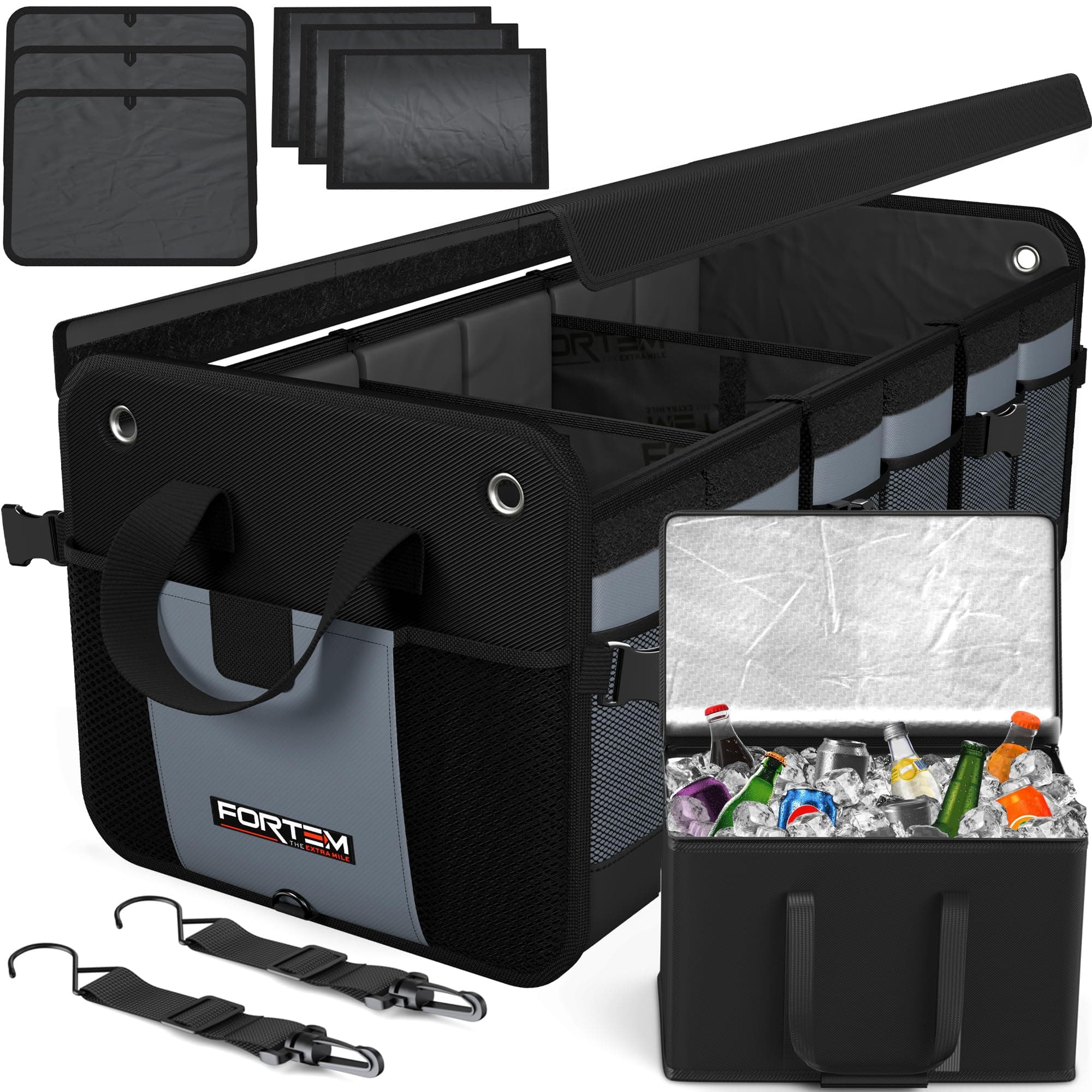 FORTEM Car Boot Organiser, SUV Boot Tidy, Trunk Storage, Collapsible Multi Compartment Car Organiser, Non Slip Bottom, Adjustable Securing Straps, Foldable Cover (110L)