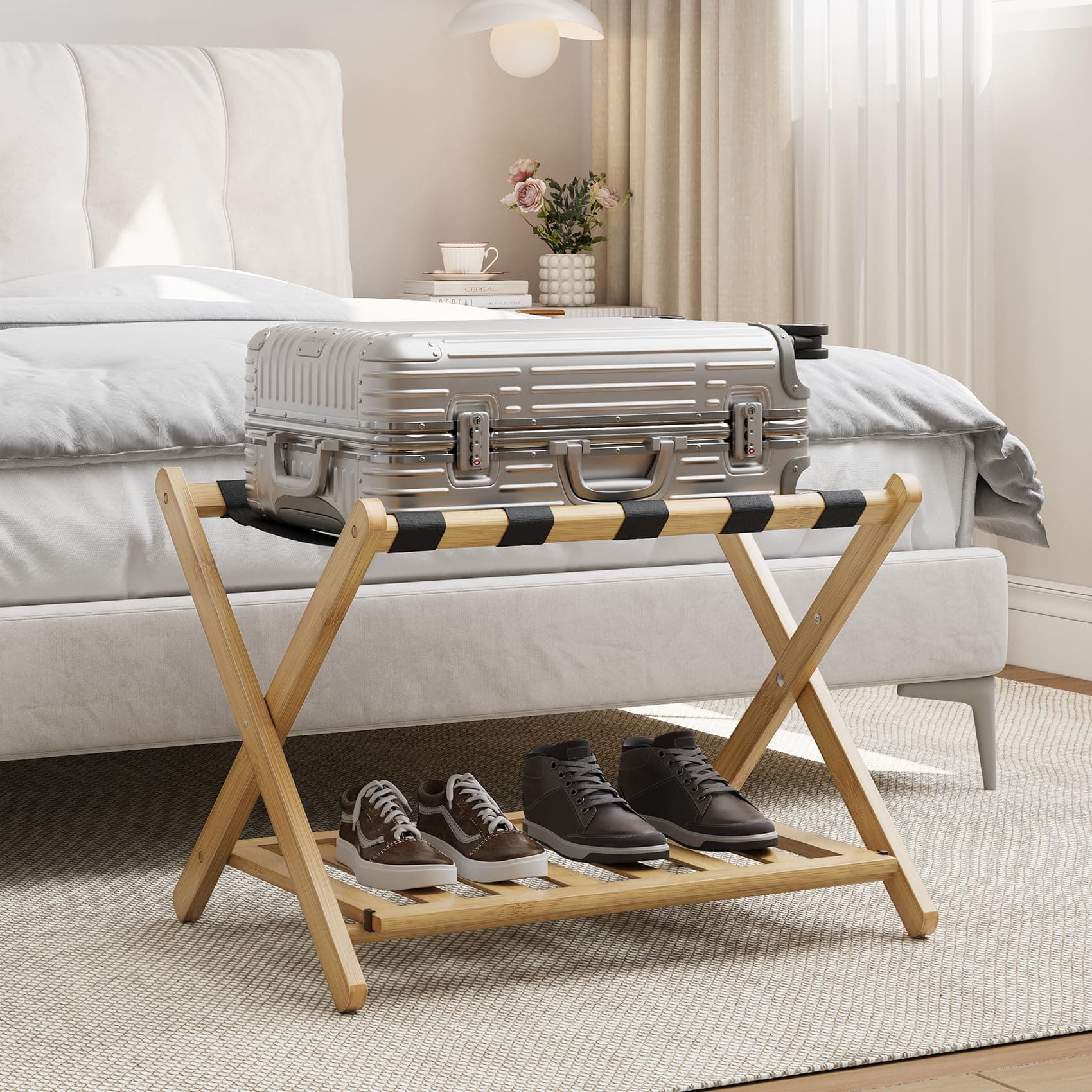 Smart FENDEE Fully Assembled Bamboo Luggage Rack, Heavy Duty Folding Suitcase Stand with Storage Shelf, Guest Room Essentials, Ideal for Bedroom, Hotel, Natural