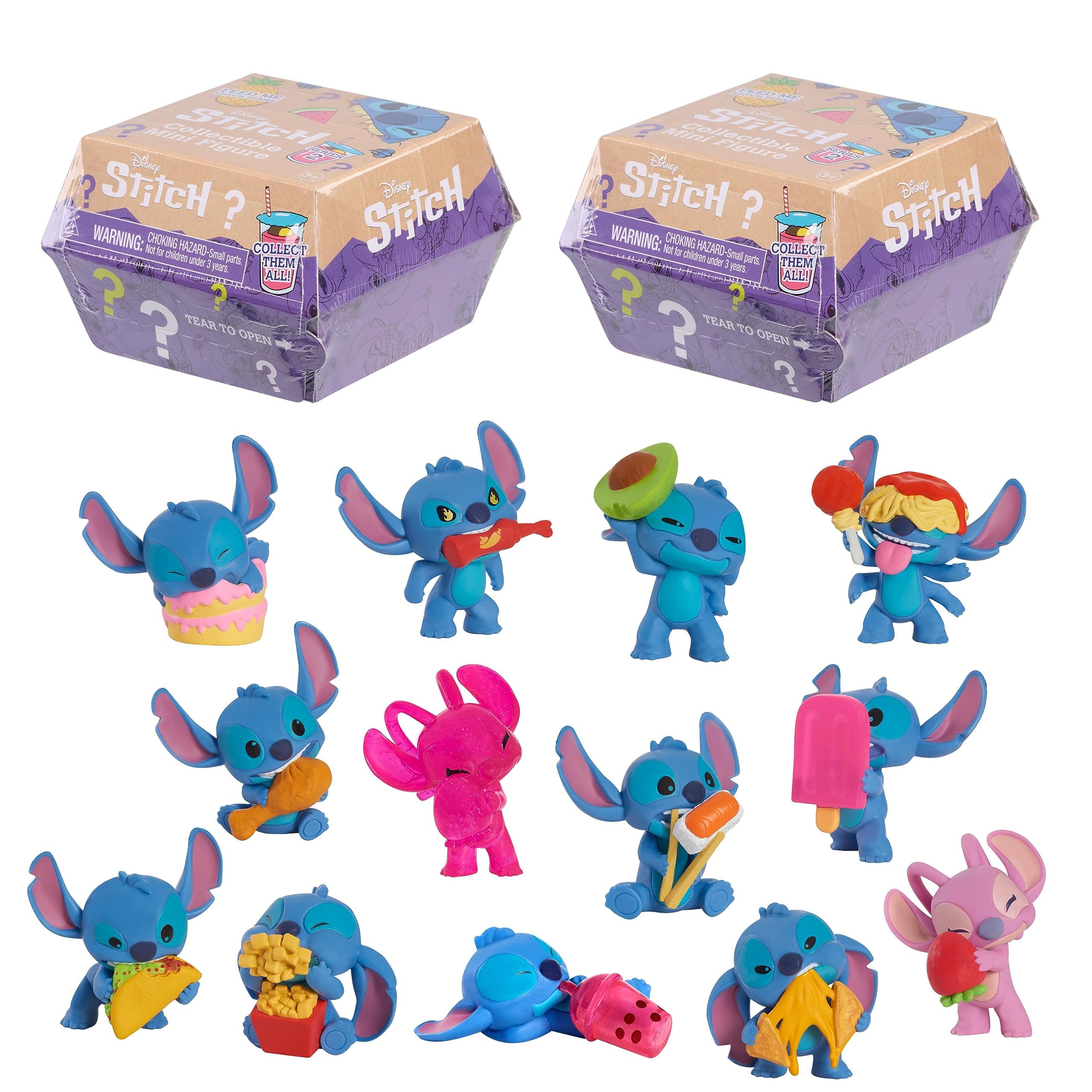 Stitch Blind Mini Figures 2-Pack, 2-inch Collectible Figurines and 2 Reusable Burger Boxes, Kids Toys for Ages 3 Up by Just Play