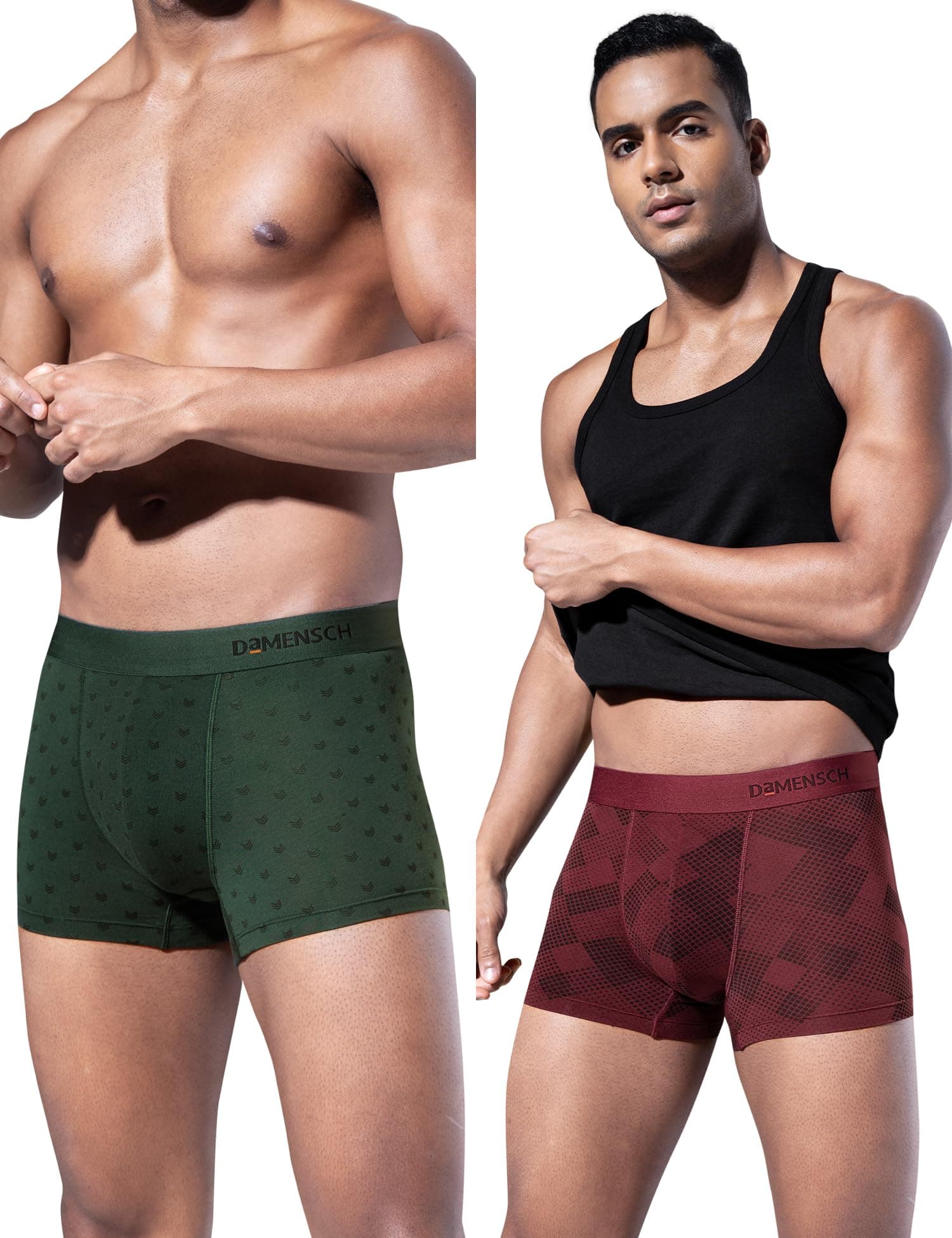 DAMENSCH Modal Regular Fit Printed Trunk Underwear Anti-Bacterial Moisture Wicking Breathable Microfibre Waistband Comfortable Deo-Soft Trunks for Men-Qube Maroon, Darted Green-L