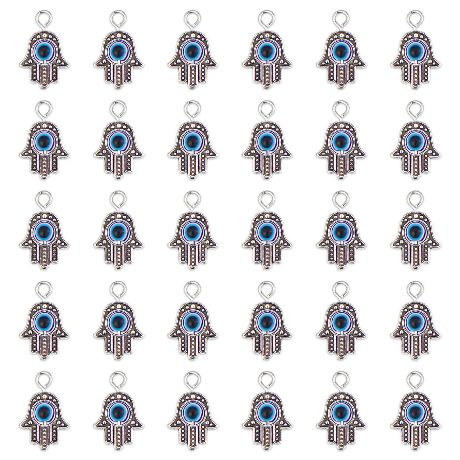 JIALEEY 30PCS Antique Silver Hamsa Hand Evil Eye Bead of Fatima Symbol Charms Hamsa Hand Beads Frame Charms for Jewelry Making Findings DIY Necklace Bracelet