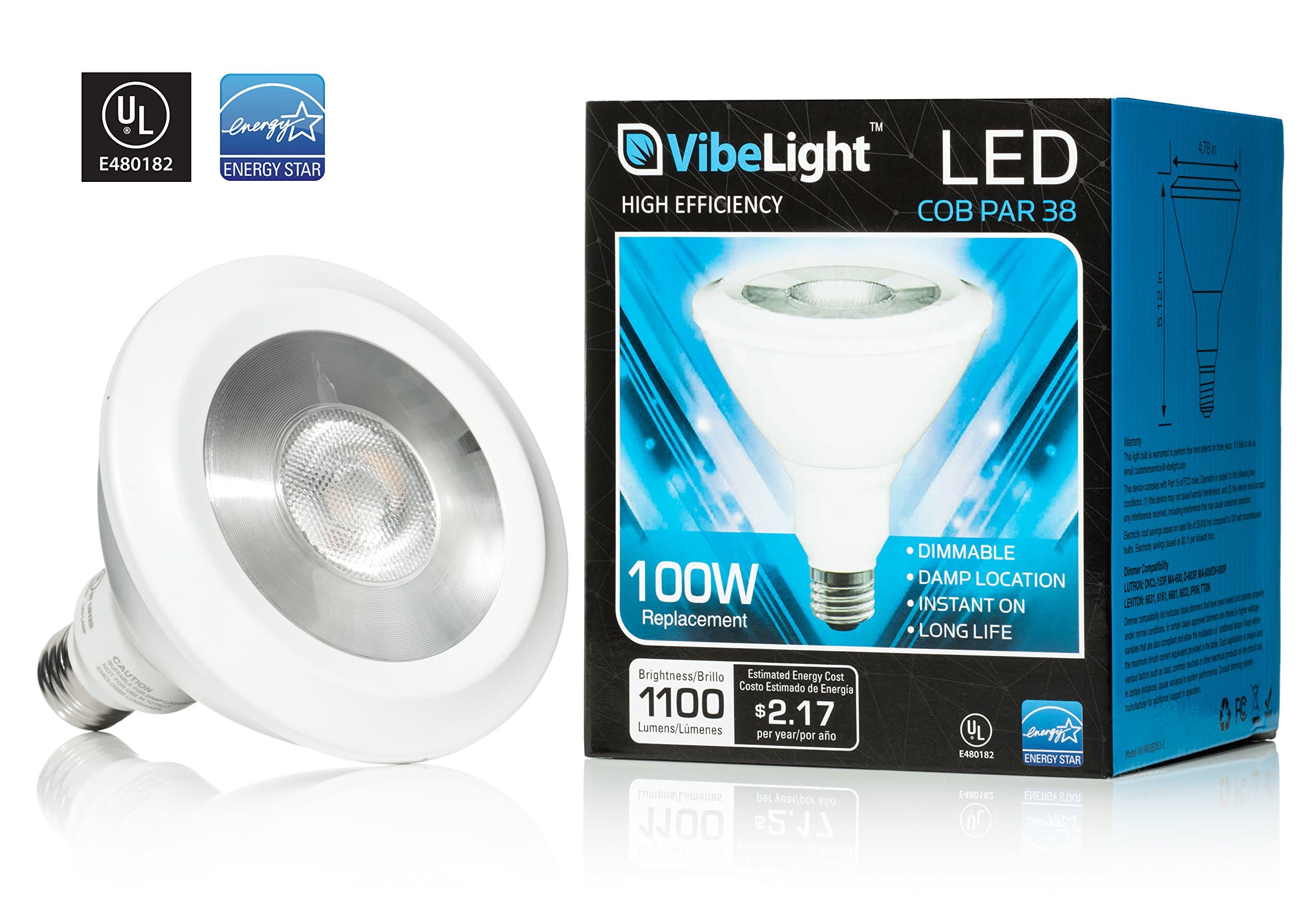 VibeLight Dimmable PAR38 LED Light Bulb, 18 Watt (100 Watt Replacement), 40° Beam Angle, 3000K, Medium Base (E26) – Perfect For Track & Recessed Light Fixtures, UL-Listed, Energy Star Rated