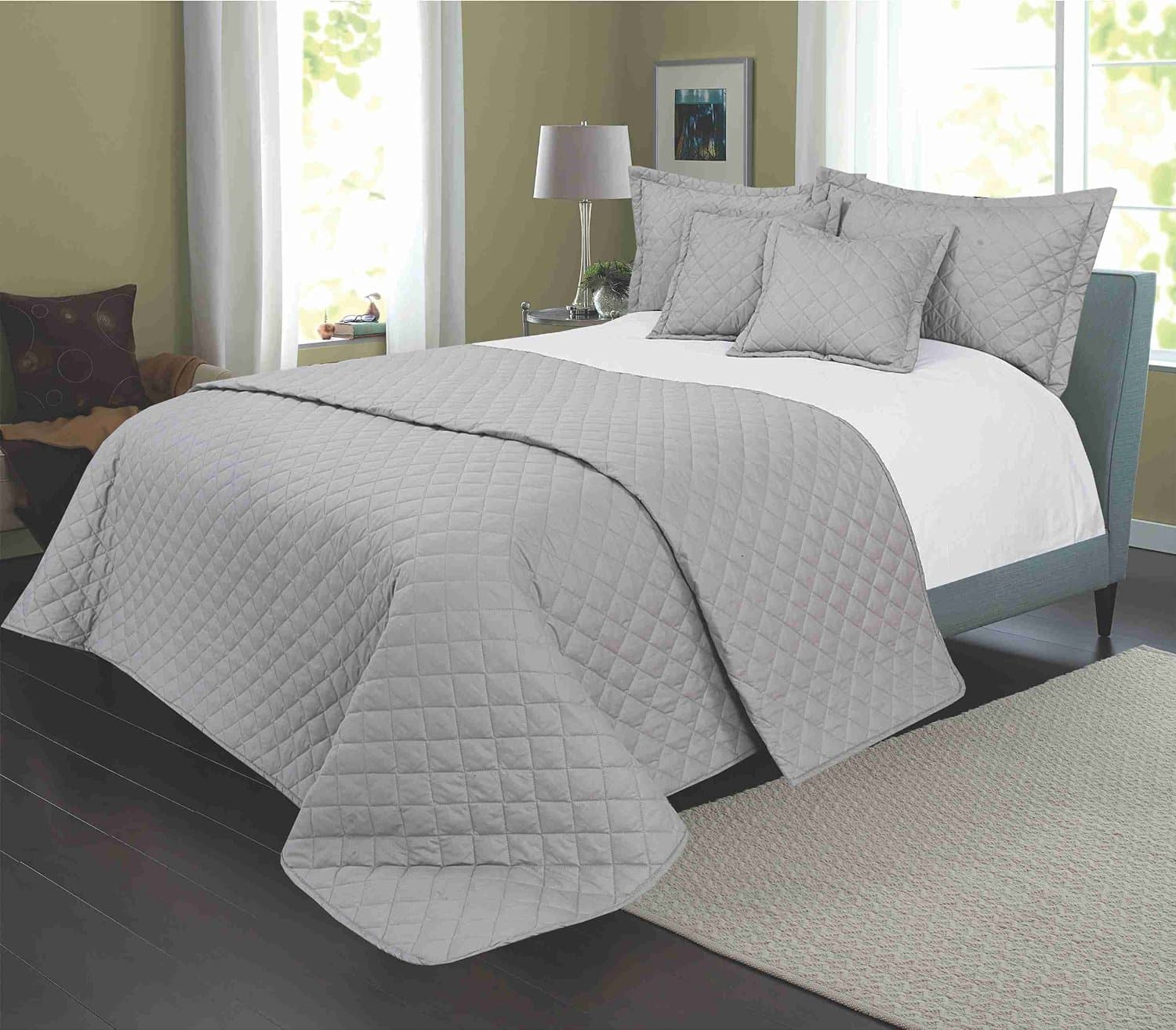 QUILTED EGYPTIAN COTTON BEDSPREAD BED THROW WITH 2 PILLOWSHAMS AND 2 CUSHIONS, FITS DOUBLE AND KING SIZE BED - GREY