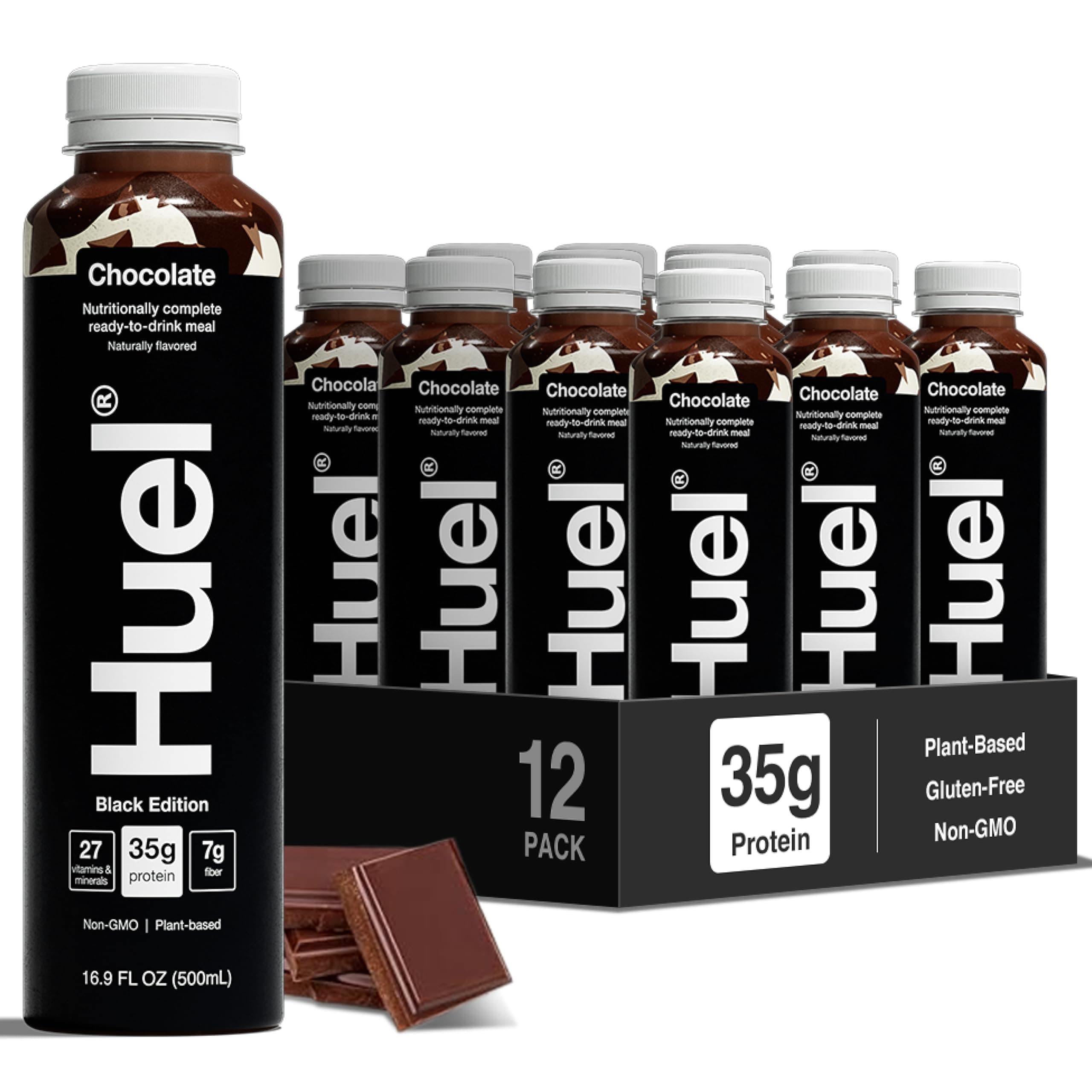 Huel Black Edition Ready-to-Drink, Chocolate Meal Replacement Drink, 35g High Protein, 27 Vitamins and Minerals, Vegan, Gluten Free, Plant Based, High Fiber, Low Sugar, 16.9 Fl Oz (12 Pack)