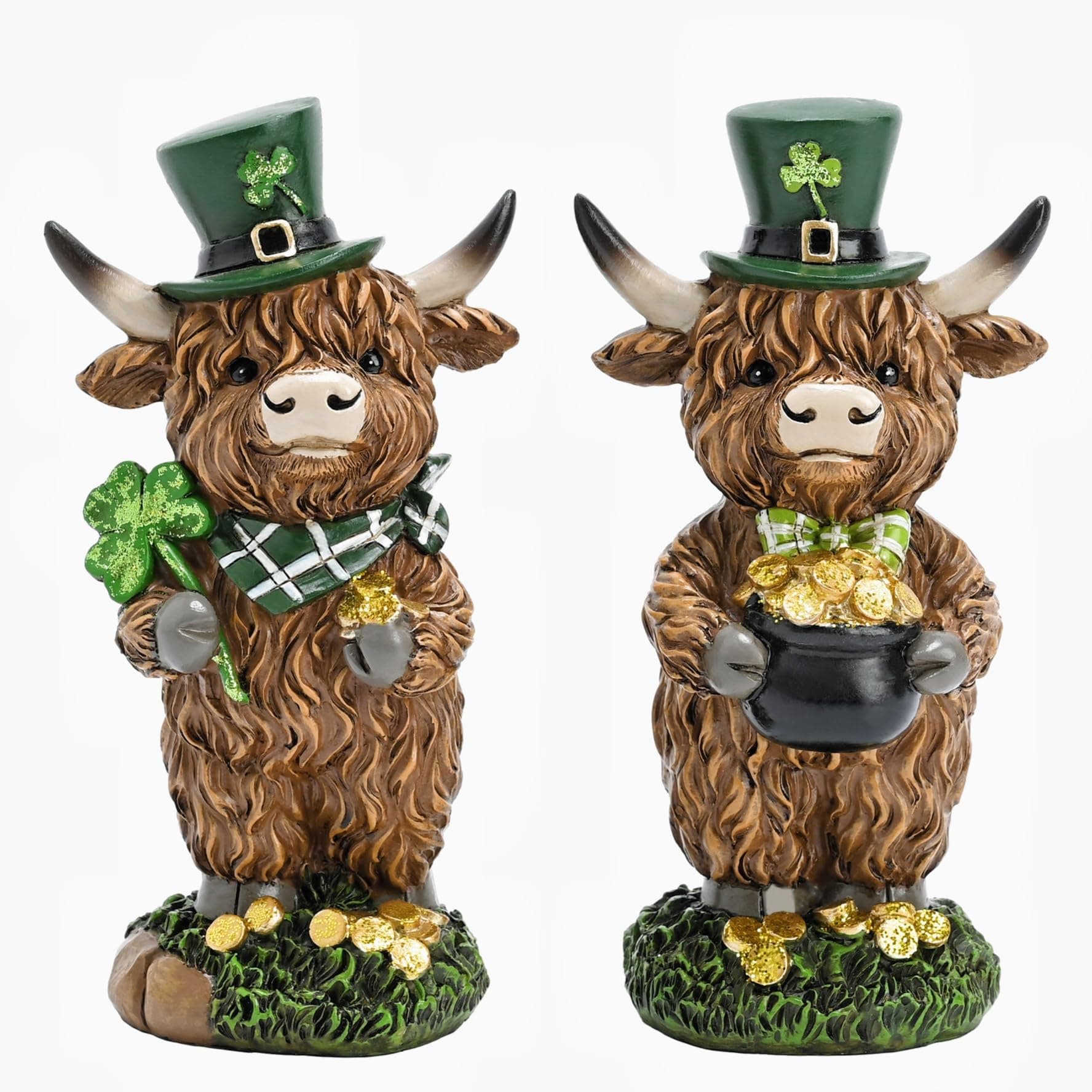 Valery Madelyn St Patricks Day Decorations for Home, 2Pcs Highland Cow Decor with Shamrock Pot of Gold, Irish Resin Leprechaun Figurines St Patricks Day Tiered Tray Decoration Table Centerpiece, 4"