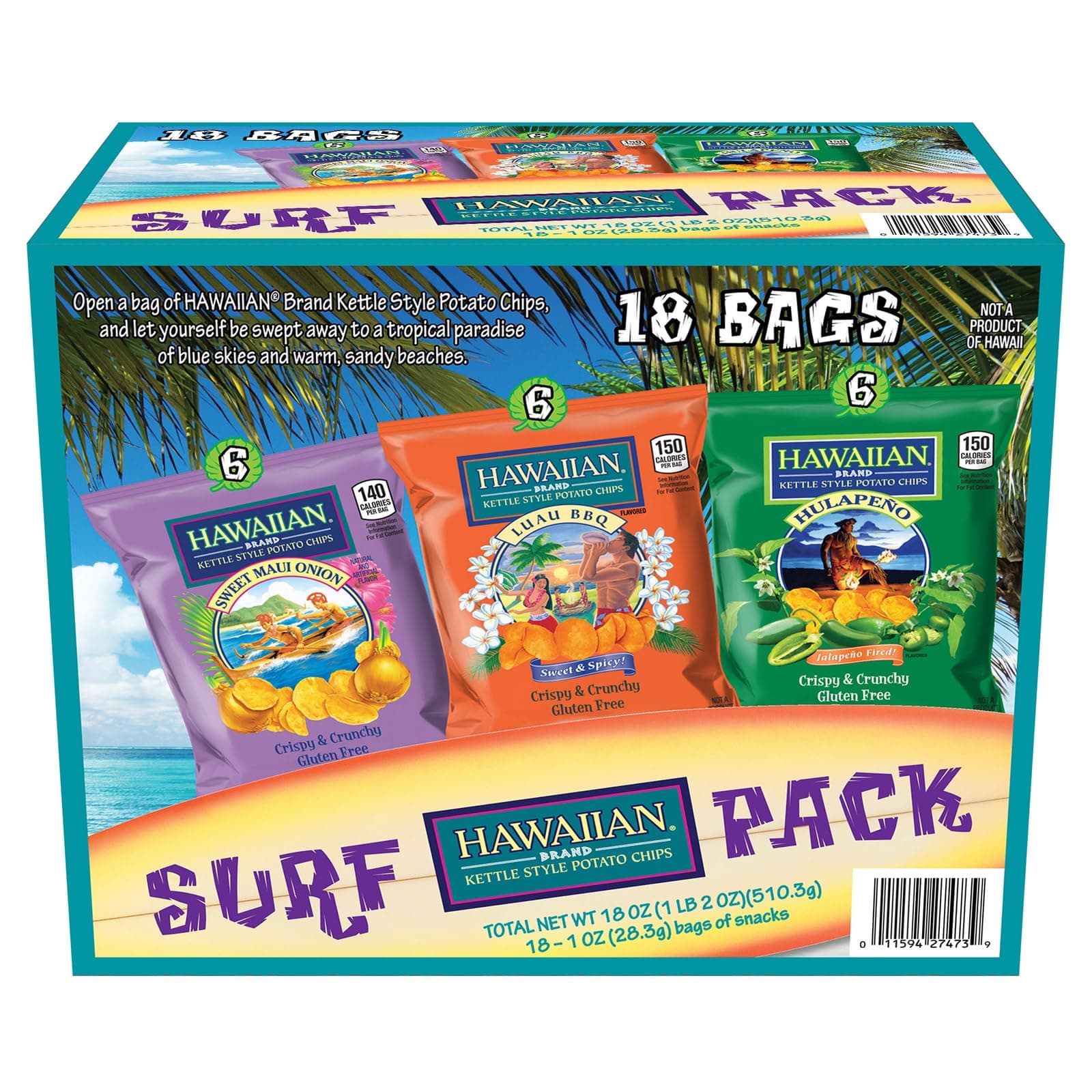 Hawaiian Brand Kettle Style Potato Chips Surf Pack, 18 Single-Serve Bags (1 oz Each) – Includes Sweet Maui Onion, Luau BBQ, and Hulapeño Flavors – Crispy & Crunchy, Gluten-Free Variety Snack Pack