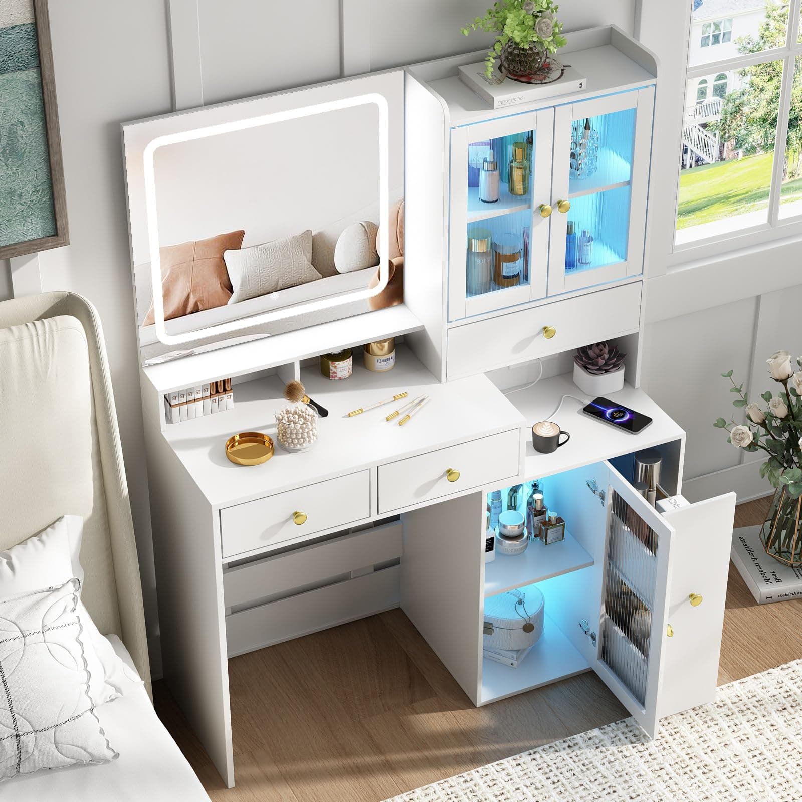 Fameill Vanity Desk with Mirror and Lights, White Makeup Table with Power Outlet, Dressing Desk with Drawers and RGB Cabinet, Vanity with 3 LED Lighting Modes and Adjustable Brightness, for Bedroom