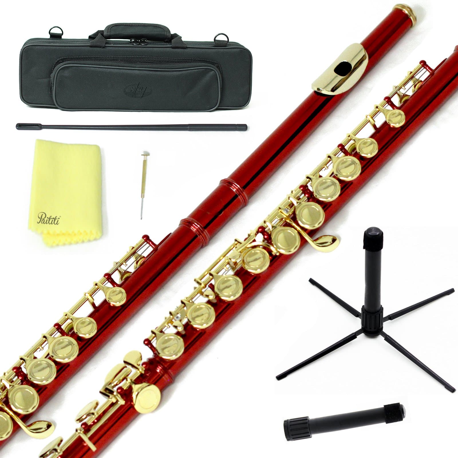 Sky Wine Red Lacquer Gold Keys Closed Hole C Flute with 1 Year Manufacturer Warranty, Guarantee Top Quality Sound with Lightweight Case, Cleaning Rod, Cloth, Joint Grease and Screw Driver