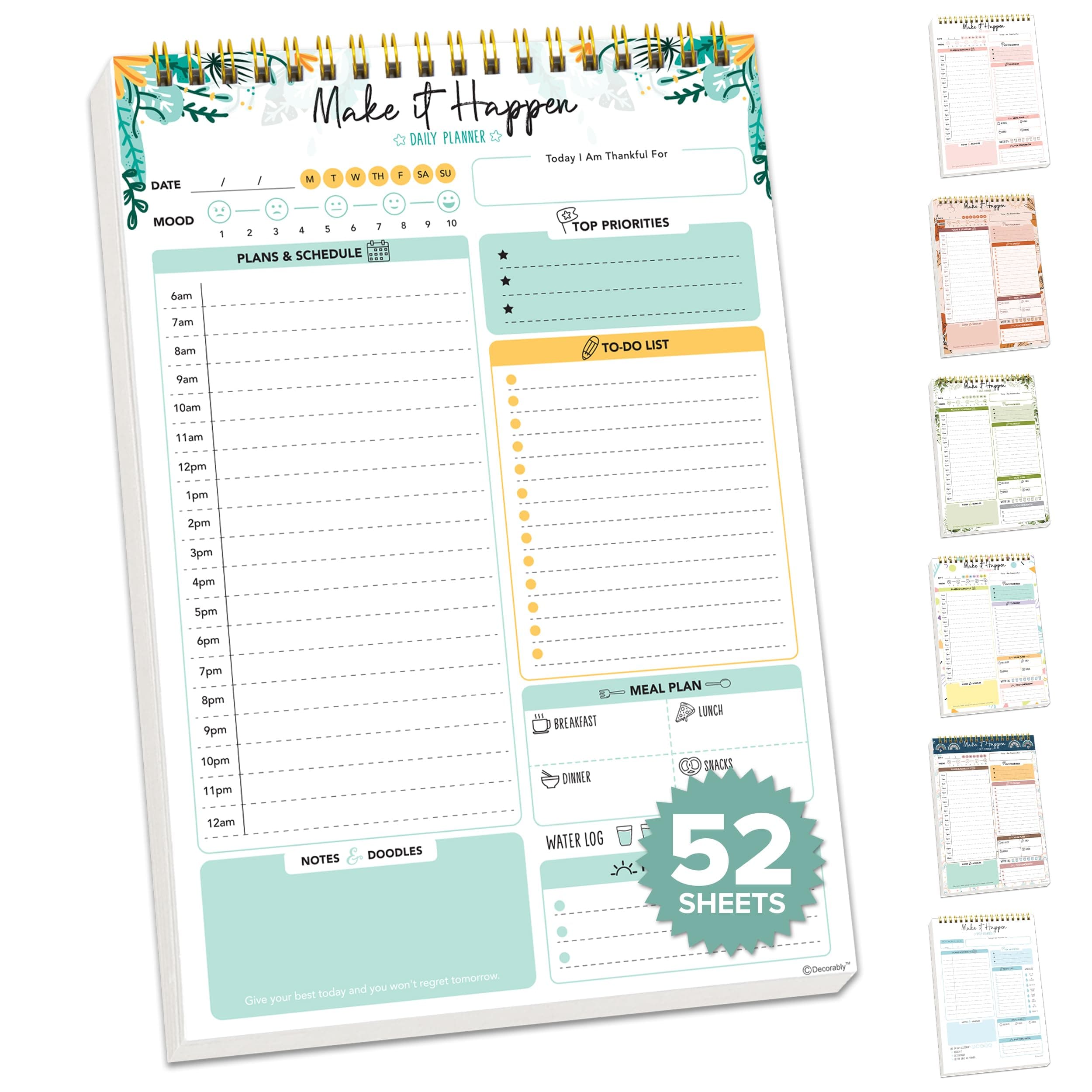 Decorably 52 Sheets Mint Green Undated Daily To Do Notepad, 6.5x10in Spring-Bound Daily Schedule Notepad for Schedule, Priorities, To-Do List, Agenda, Water Intake, Meals, Notes and Doodles