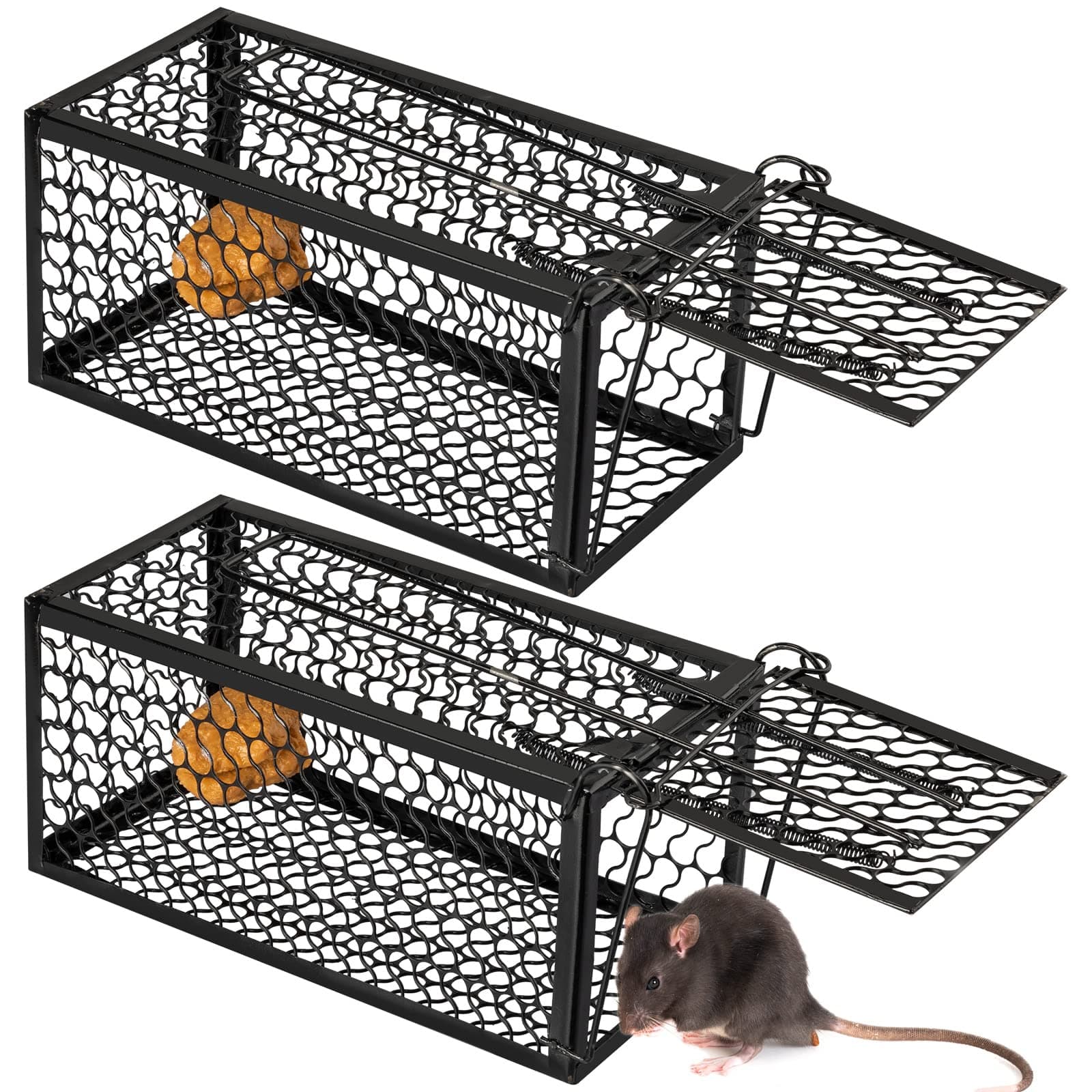 Qualirey 2 Pcs Humane Rat Trap Chipmunk Rodent Mouse Squirrel Trap Small Live Animal Mouse Voles Hamsters Live Cage Rat Cage for Mice Easy to Catch and Release (9.1 x 4.5 x 4.5 Inches,Black)