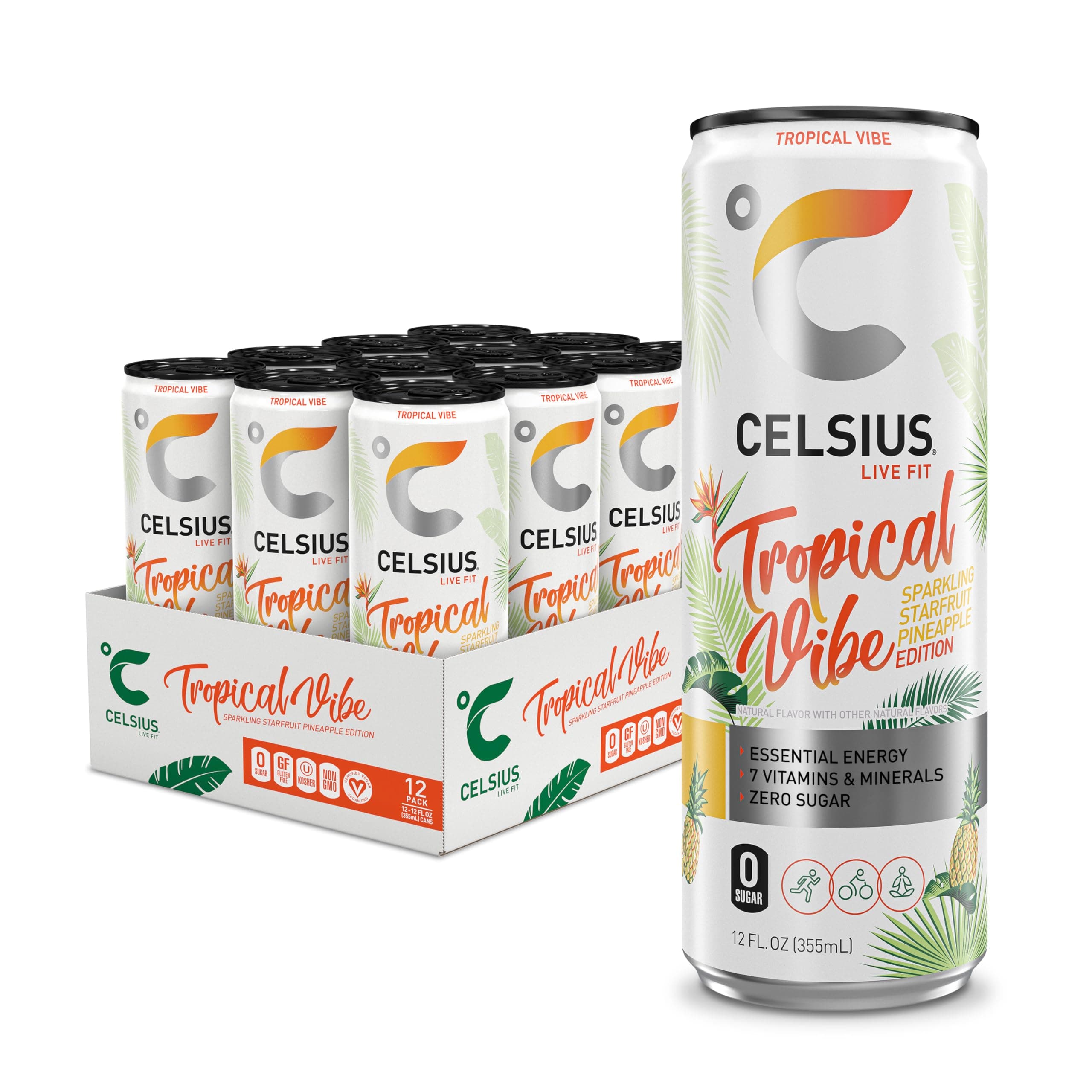 Sparkling Tropical Vibe, Functional Essential Energy Drink 12 Fl Oz (Pack of 12)