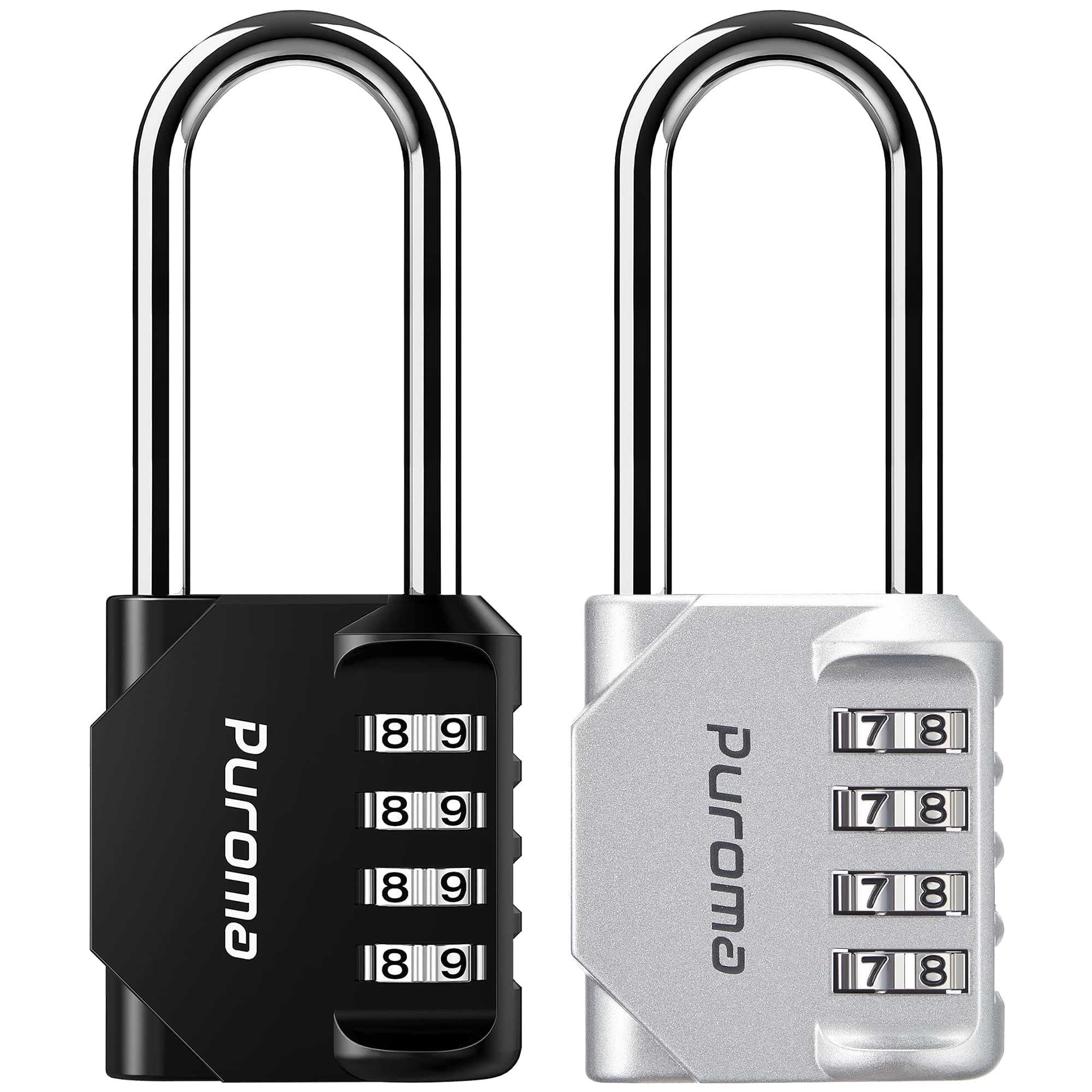 Puroma 2 Pack 2.6 Inch Long Shackle Combination Lock 4 Digit Outdoor Waterproof Padlock for Hasp Locker Lock, Sports Locker, Fence, Gate, Toolbox, Case, Hasp Storage, Cabinets (Silver & Black)