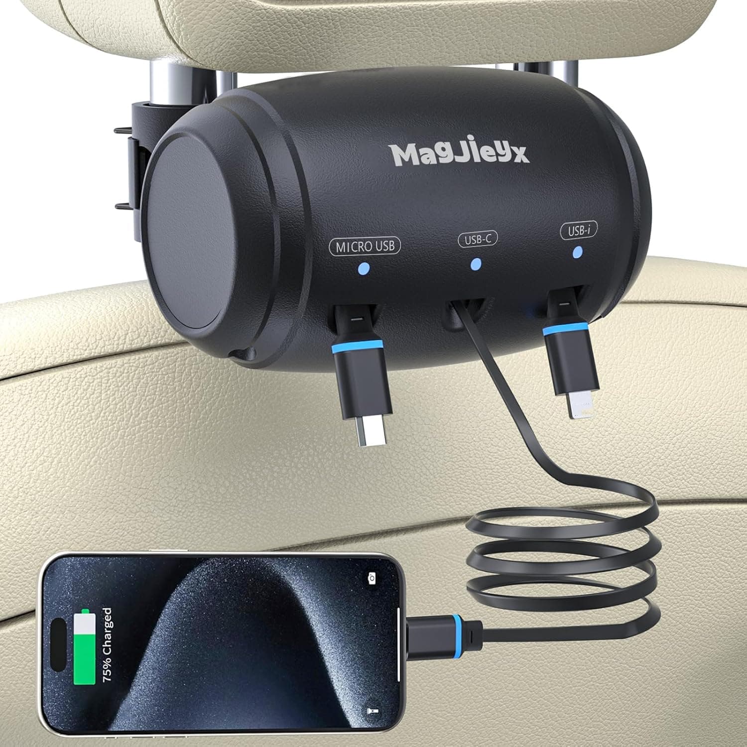 Multi Retractable Car Charging Station Box, 3 in 1 Headrest Fast Power Charging Dock Cord USB Type C Fits iPhone 16/15/14/iPad/Android/Samsung|Uber Lyft Backseat Passengers Share Rid