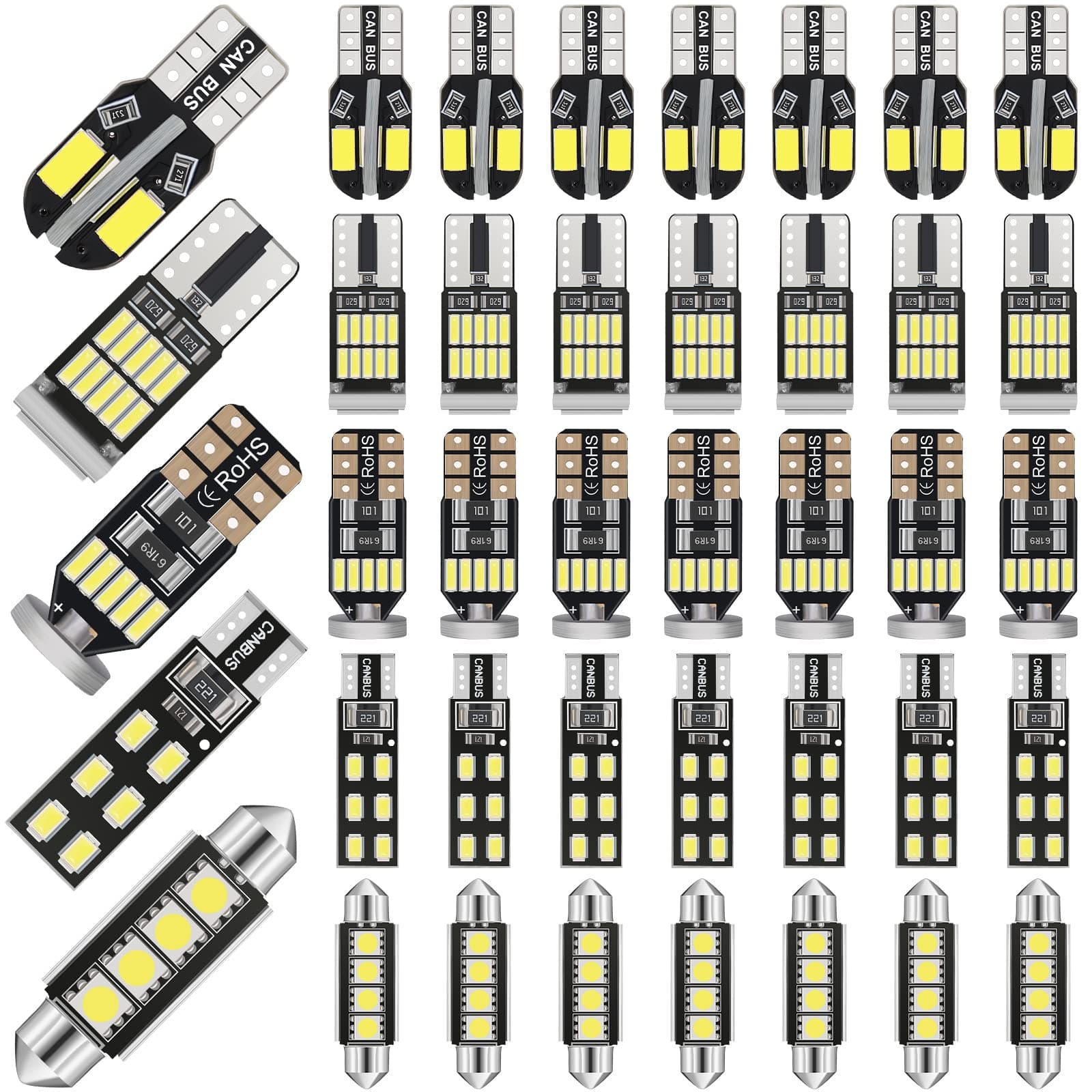 Tallew 40 Pcs Interior Car LED Dome Light Bulb Kit T10 25 mm 26 mm 27 mm 32 mm and 41 mm Festoon LED Interior Replacement Bulbs for Map Door Courtesy License Plate(White)