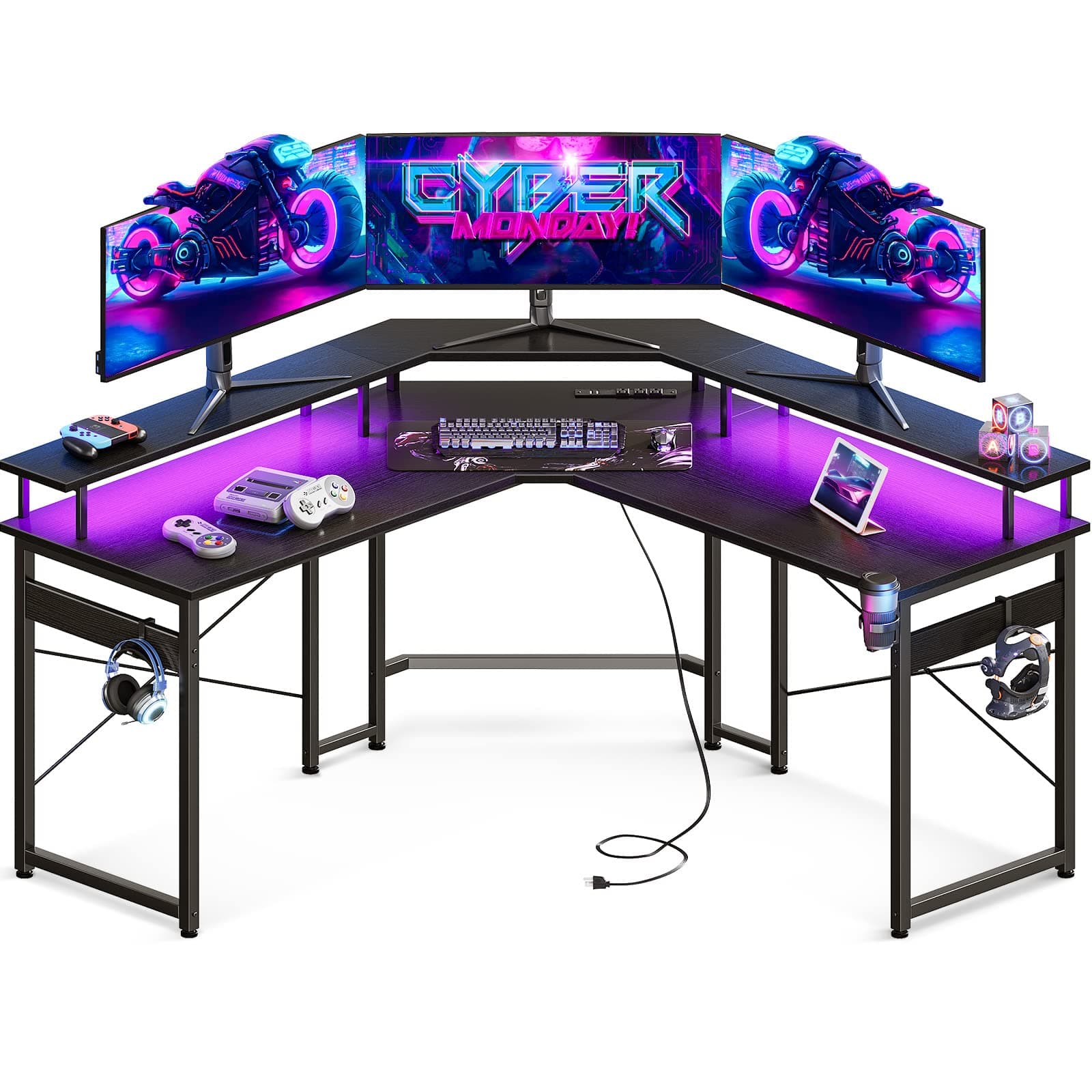 ODK L Shaped Gaming Desk with LED Lights & Power Outlets, 51" Computer Desk with Full Monitor Stand, Corner Desk with Cup Holder, Gaming Table with Hooks, Black
