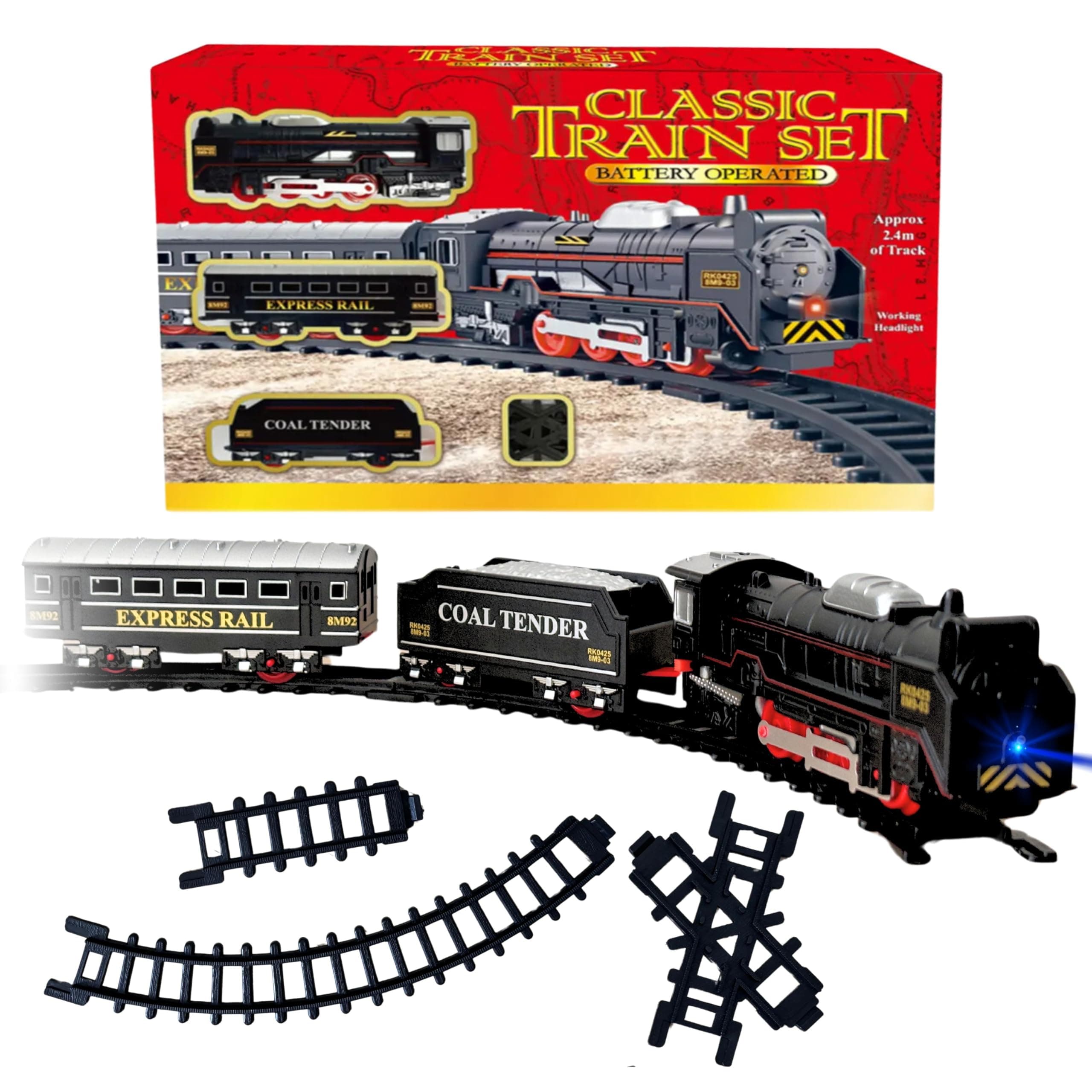ADEPTNA Classic Kids Train Set - Vintage with Working Headlights, Tracks, and Sound | Battery Operated Train Toy Set for Toddlers and Children - Perfect Railway Game and Decorations