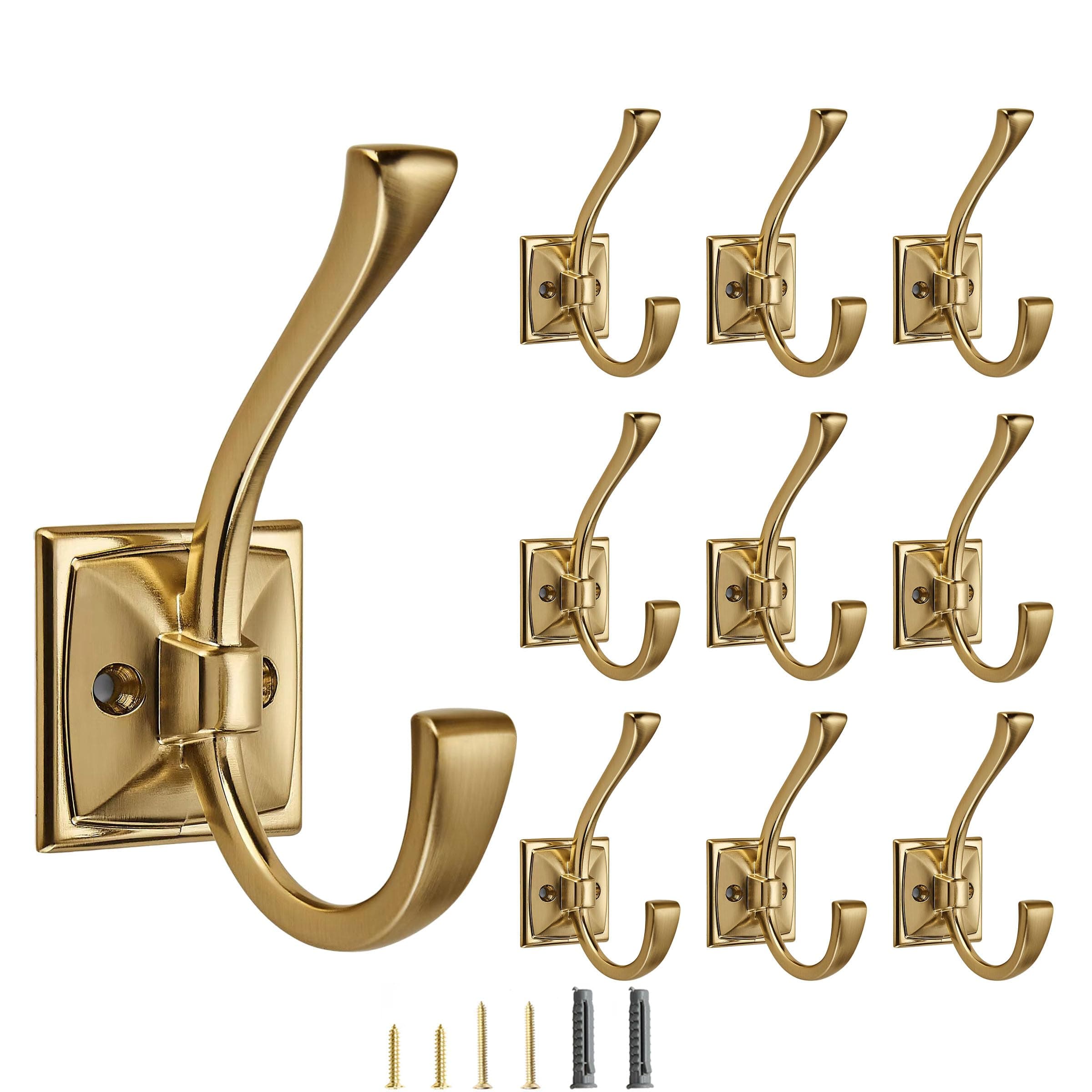 10 Pack Decorative Heavy Duty Towel Hooks for Hanging Robe Double Champagne Bronze Coat Hooks Wall Mounted with Screws for Key, Towel, Bags, Cup, Hat