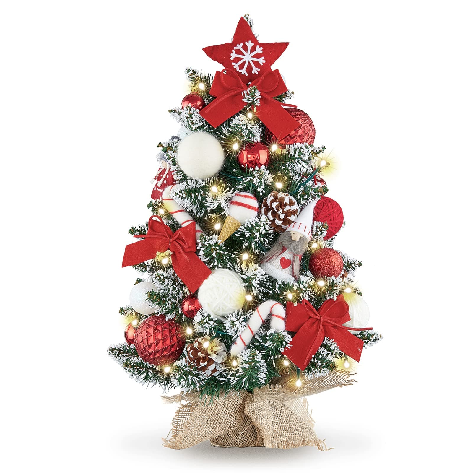 WBHome 1.8 Feet Pre-lit & Pre-Decorated Tabletop Christmas Tree, Red White Ornament Decorations with Pine Cones, Snow Flocked Mini Christmas Tree with Lights, 35 Bulbs (1.8FT)