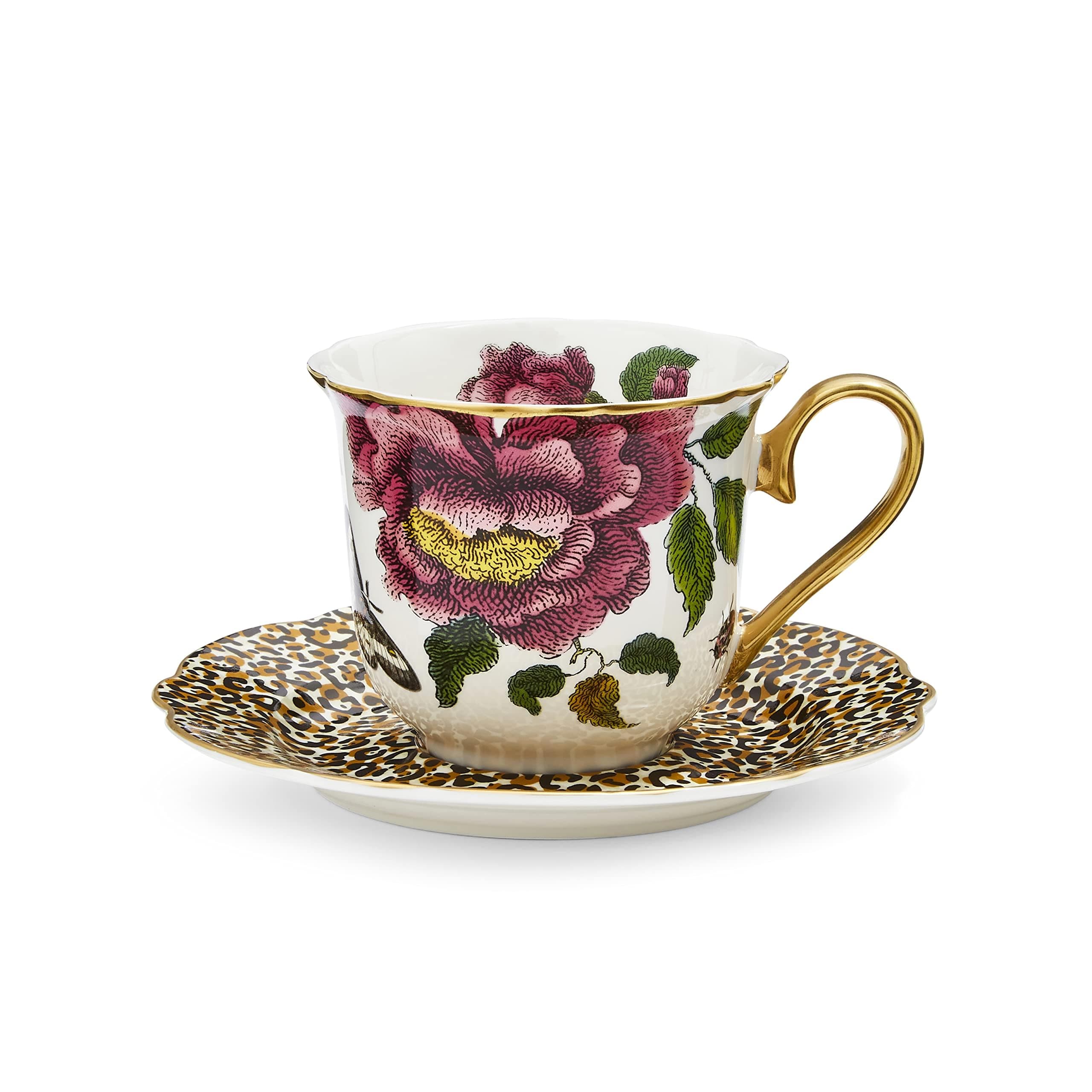 Spode Creatures of Curiosity Tea Cup and Saucer Fluted White Leopard, CRCWL8818-XG