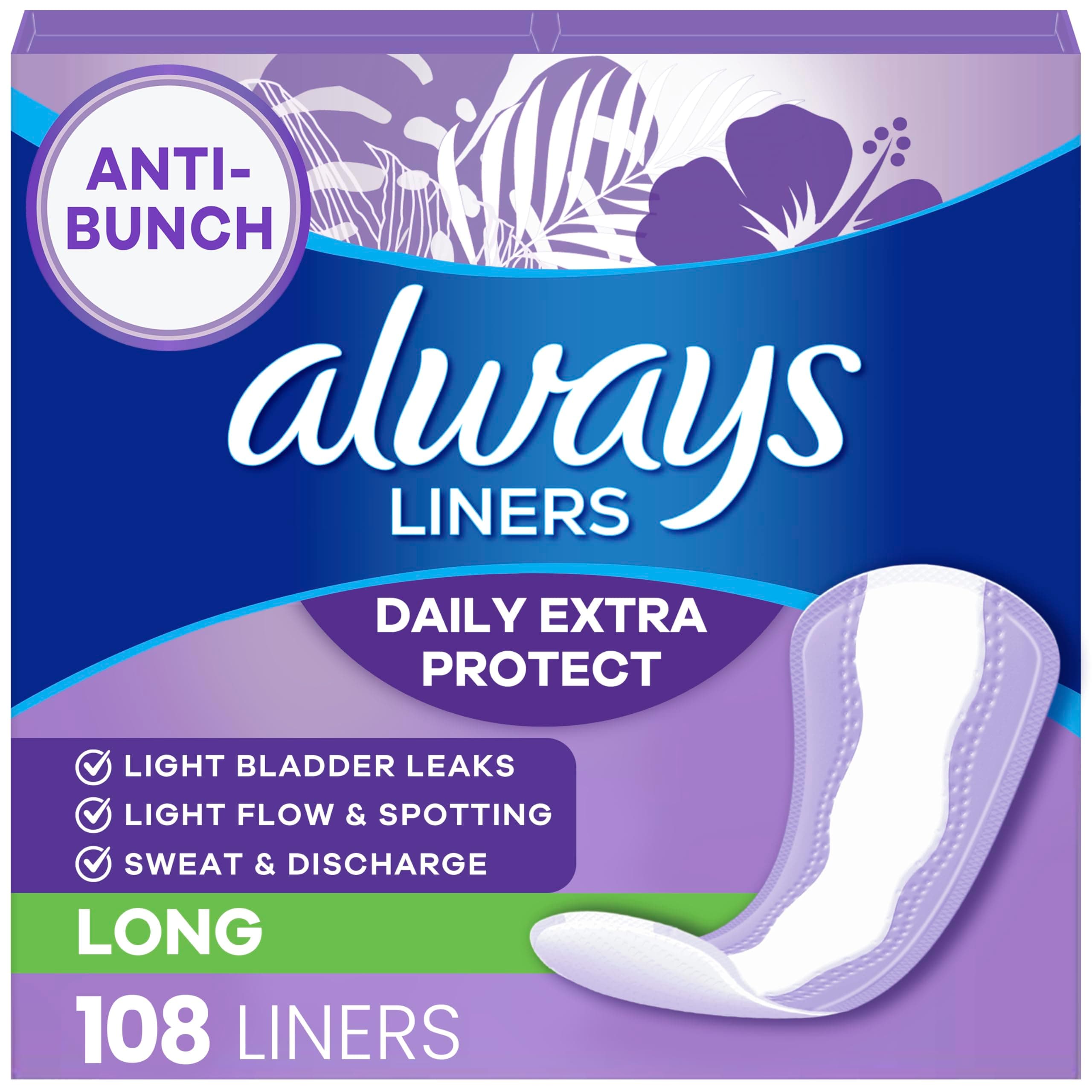 Always Daily Extra Protect Liners, Long Length, Unscented Panty Liners, 108 Count