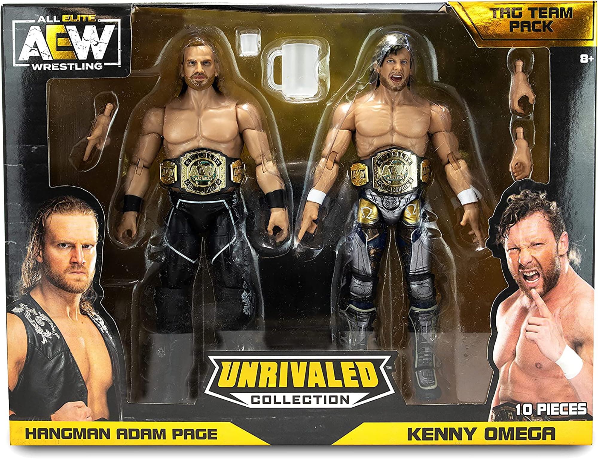 AEW AEW0146 Unrivaled Collection Tag Team Pack - Kenny Omega and Hangman Adam Page Action Figure, Plus Accessories, Multi