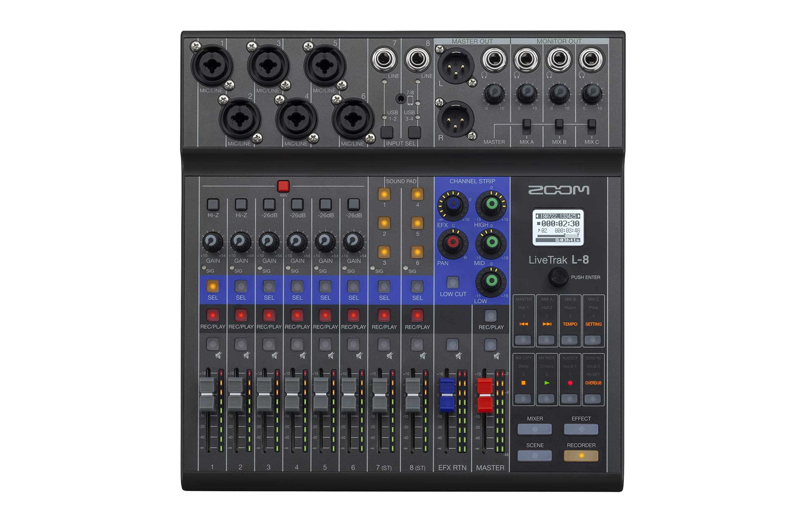 LiveTrak L-8 Podcast Recorder, Battery Powered, Digital Mixer and Recorder, Music Mixer, Phone Input, Sound Pads, 4 Headphone Outputs, 12-In/4-Out Audio Interface, Built In EQ and Effects