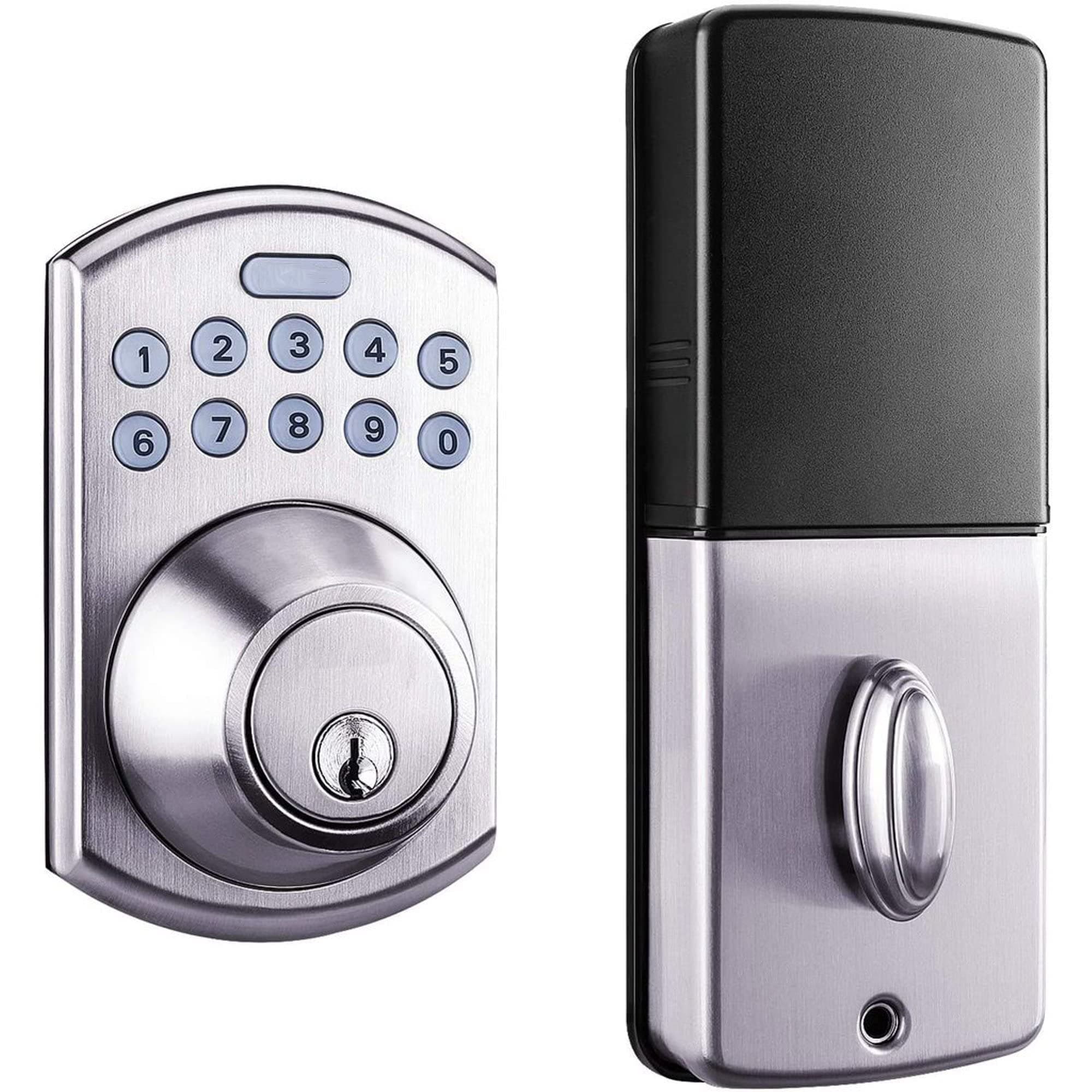 Keypad Deadbolt with Handel, Keyless Electronic Keypad Lock Single Cylinder Front Door Lock with Polo Knob Featuring 1-Touch Motorized Locking, Auto Locking and Easy to Install, Stain Nickel- EKPH1A