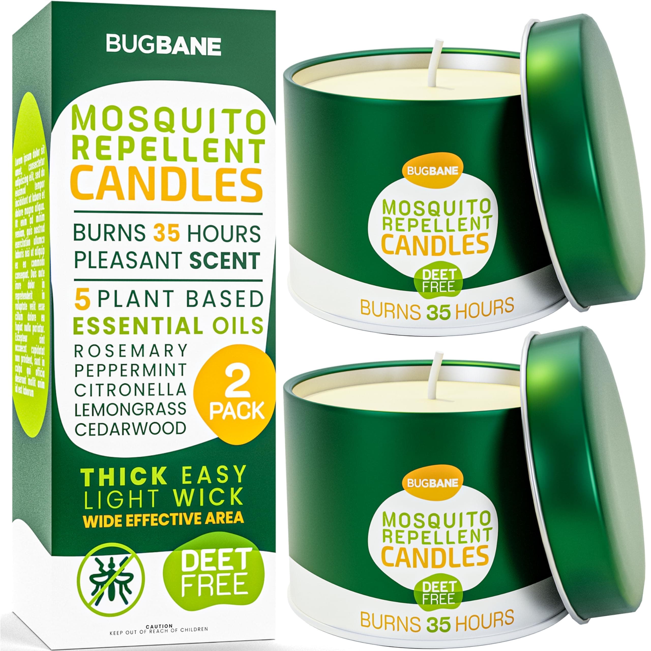 Mosquito Candle Outdoor 2 Pack with 5 Natural Essential Oils. DEET Free Citronella Candles Outdoor Mosquito Repellent. Blend of Citronella, Rosemary, Peppermint, Lemongrass, and Cedarwood