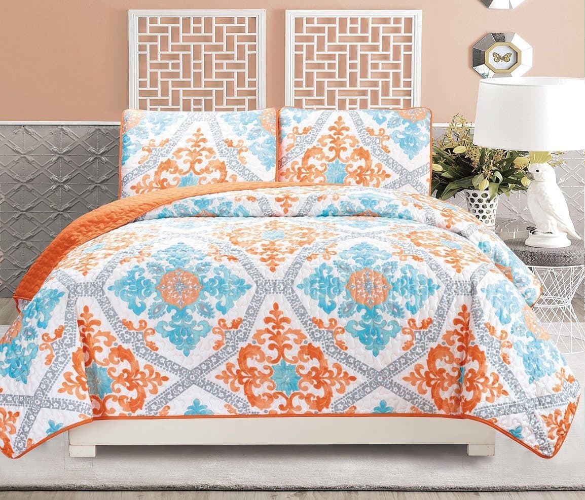 VGI Linen 3-Piece Fine Printed Quilt Set Reversible Bedspread Coverlet King Size Bed Cover (Turquoise, Blue, White, Grey, Orange)
