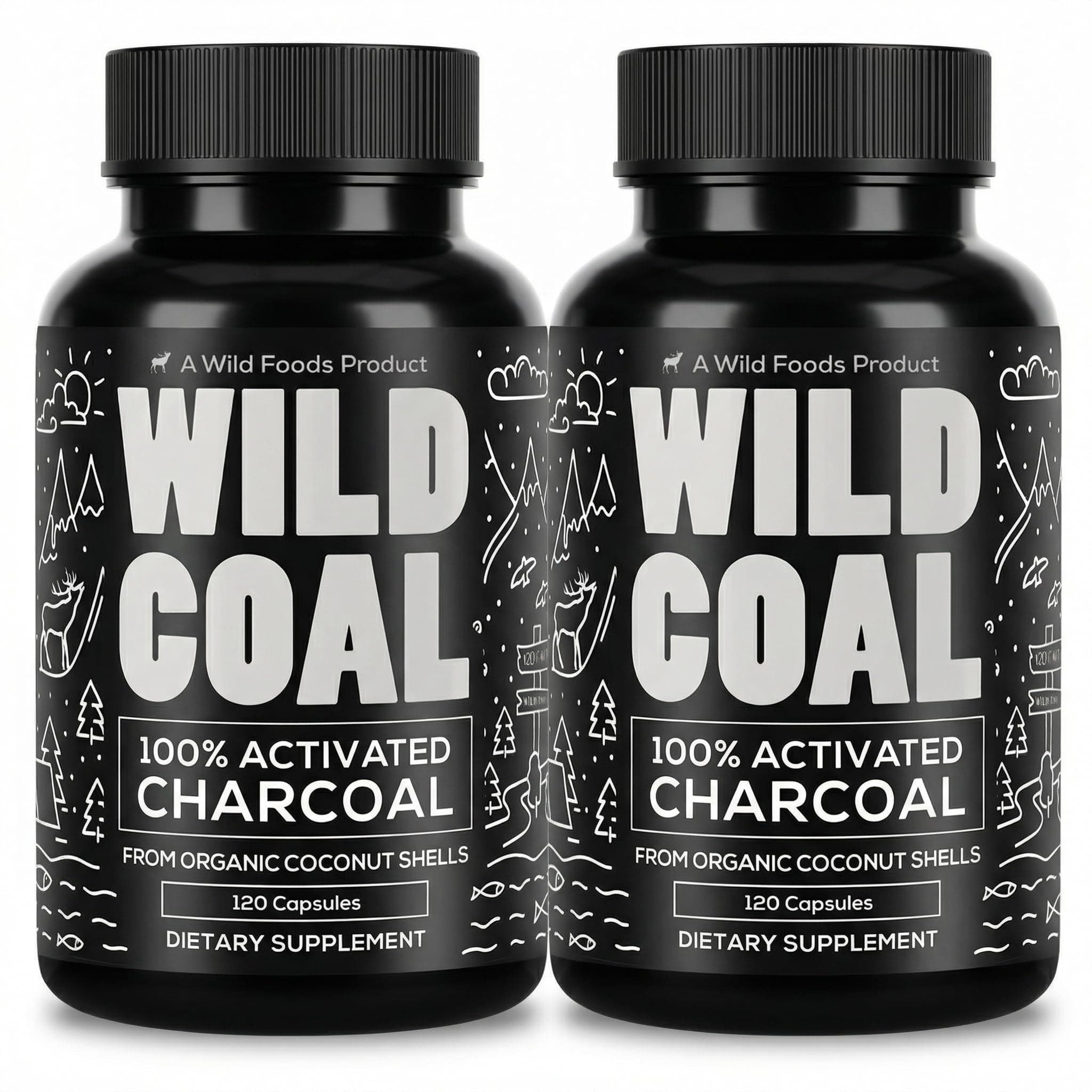 Wild Foods Activated Charcoal Capsules | 100% Organic Coconut Shells Active Tablets for Bloating Relief | Lab Tested & Non-GMO Detox Pills | USA (Two Bottles - 120 Capsules)