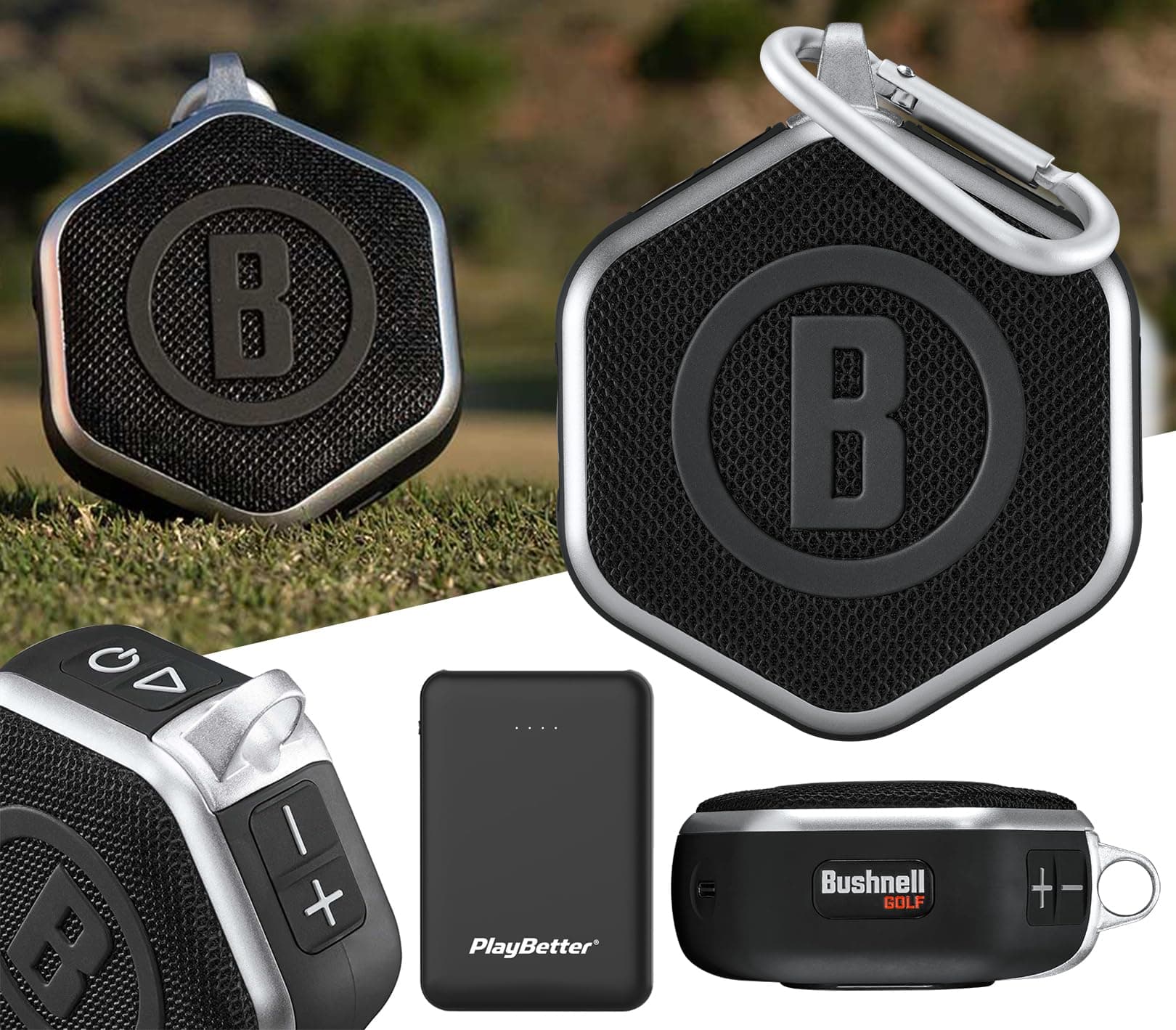 PlayBetter 2023 Bushnell Wingman Mini (Silver/Black) - Magnetic Golf Speaker Bundle with Portable Charger | Bluetooth Music Speaker & Audible Distances for Golf Cart | 36,000+ Courses