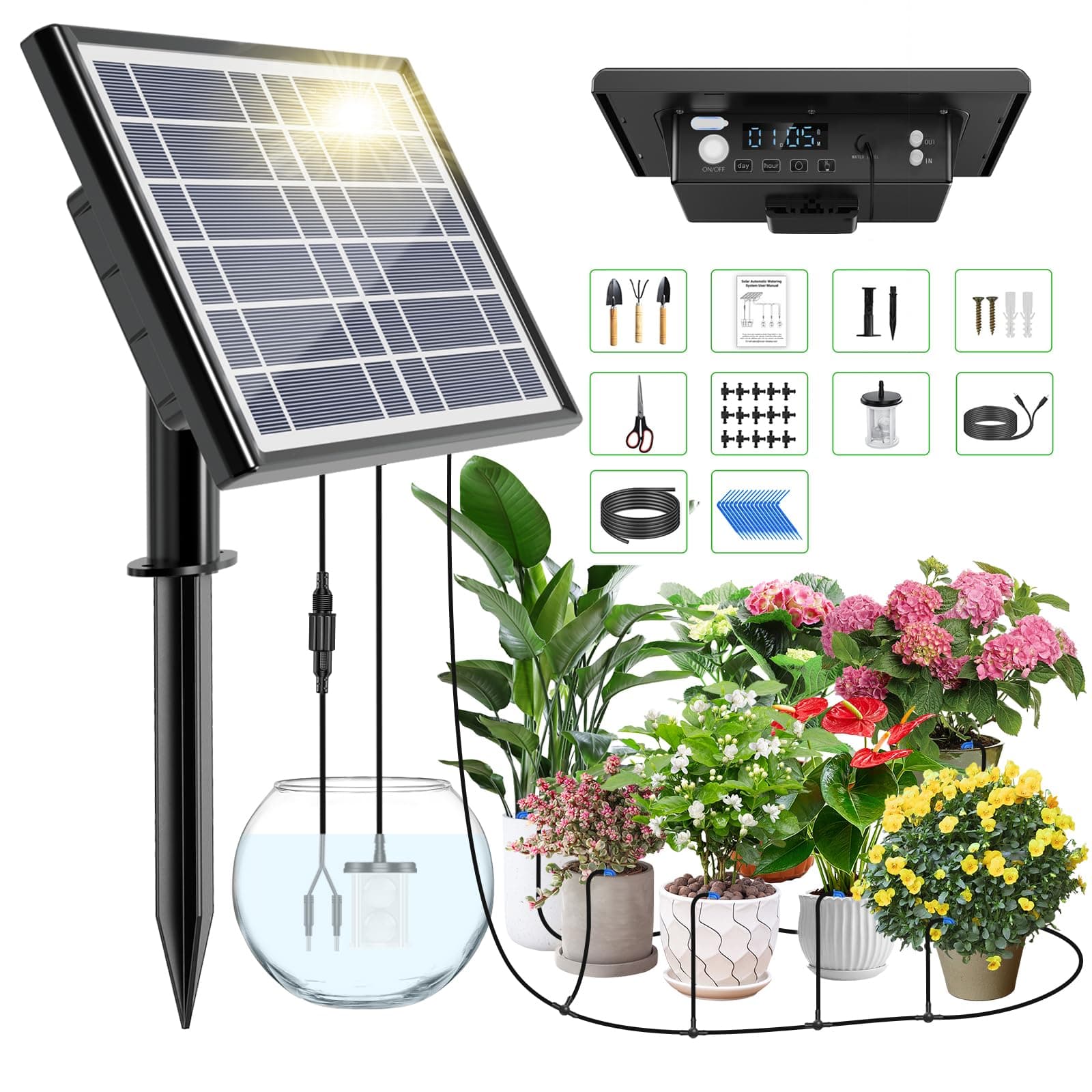 49FT Solar Drip Irrigation Kit with Digital Screen, Auto Watering Kit for 15 Pots, Solar-Powered Plant Watering,434 Timer Modes, 900ml/min Flow Indoor/Outdoor Garden, Balcony & Patio Irrigation System