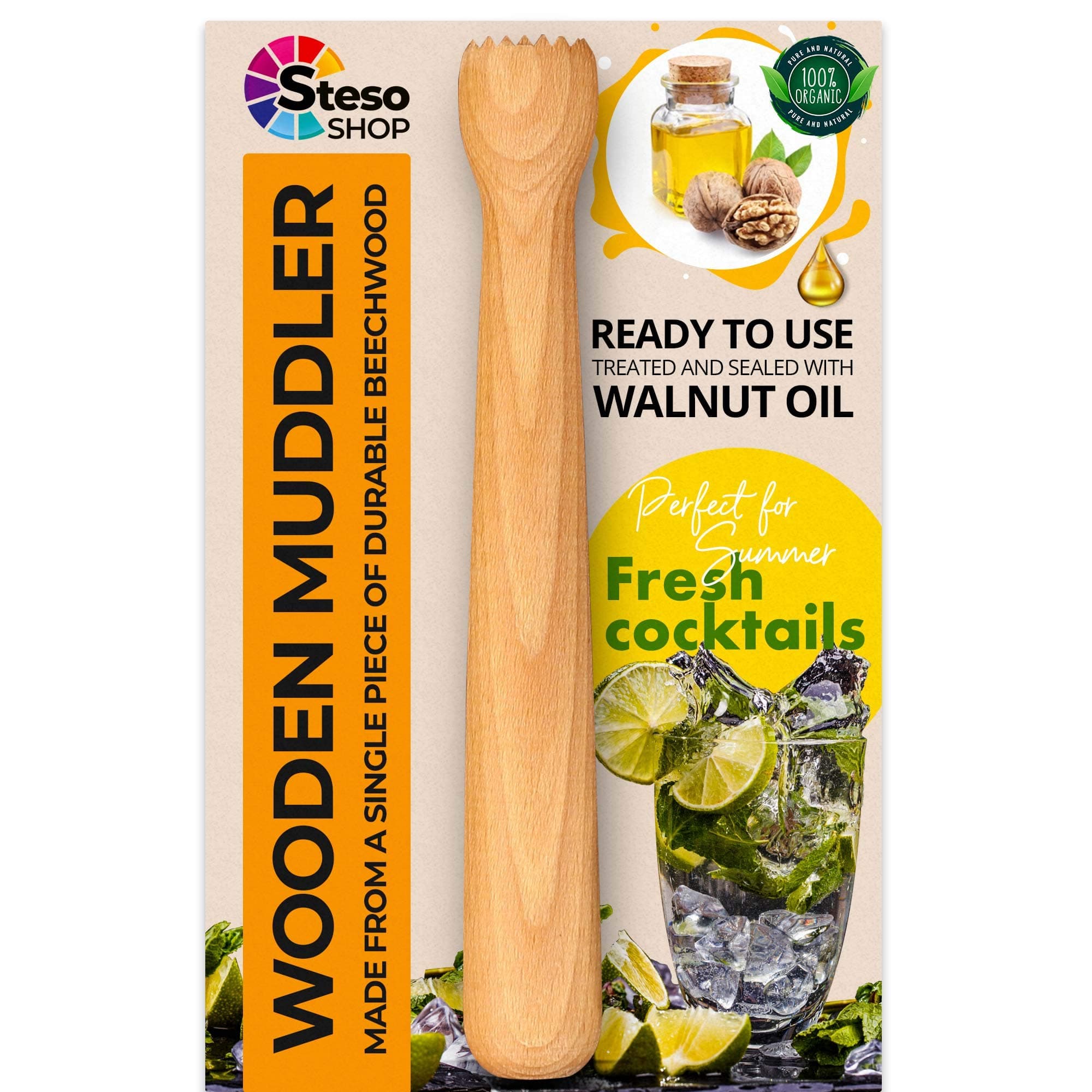 Steso Bar Muddler Wood - Cocktail Mojito Muddler Bar Tool Drink Mint Lime - Best Muddler herb Lemon Garlic Crusher - Durable Stable Powerful